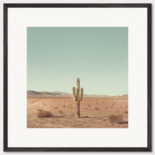 This serene photograph captures the solitary beauty of a lone cactus standing tall in a vast desert landscape. The clear blue sky stretches endlessly above, while distant mountains create a tranquil backdrop. The image is framed in a simple, elegant black border, enhancing its minimalist appeal.