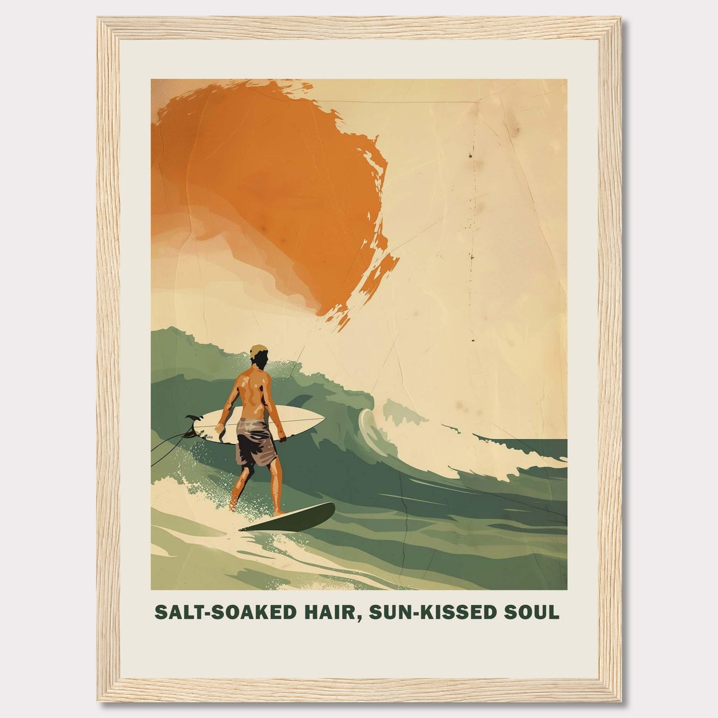 This vibrant poster showcases a surfer riding a wave with the sun setting in the background. 