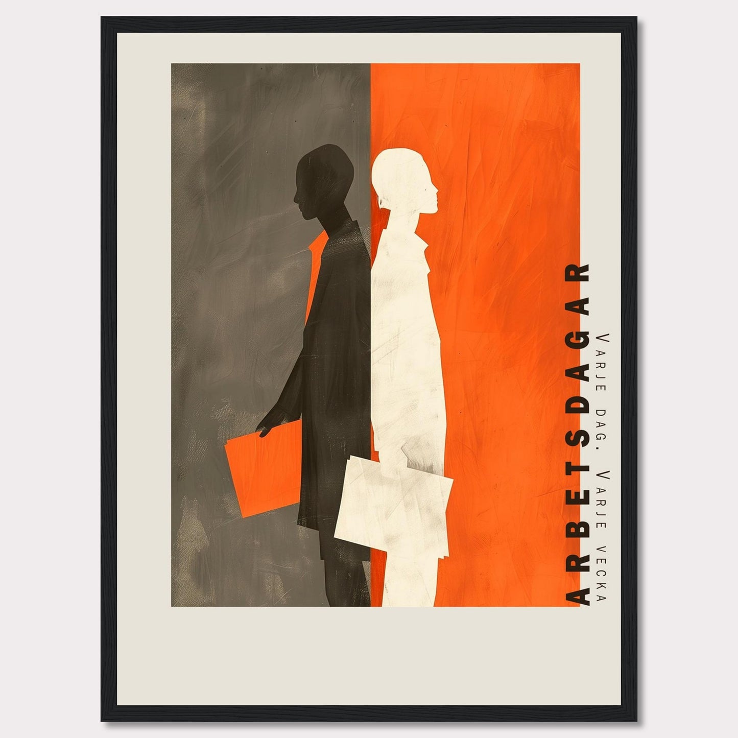 This striking artwork features two silhouetted figures, one in black and the other in white, standing back-to-back against a divided background of gray and orange. Both figures are holding documents, symbolizing work or business activities. The text "ARBETSDAGAR" is prominently displayed vertically on the right side, accompanied by the phrase "VARJE DAG - VARJE VECKA" below it.