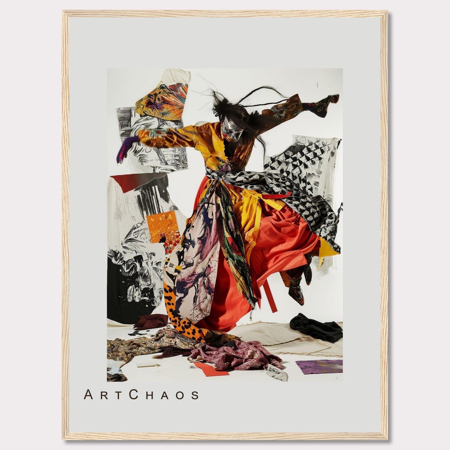 This captivating artwork features a dynamic figure in vibrant, flowing attire, seemingly caught in mid-motion. The background is a collage of abstract patterns and textures, adding depth and intrigue to the piece. The mix of bold colors and chaotic elements creates a sense of energy and movement.