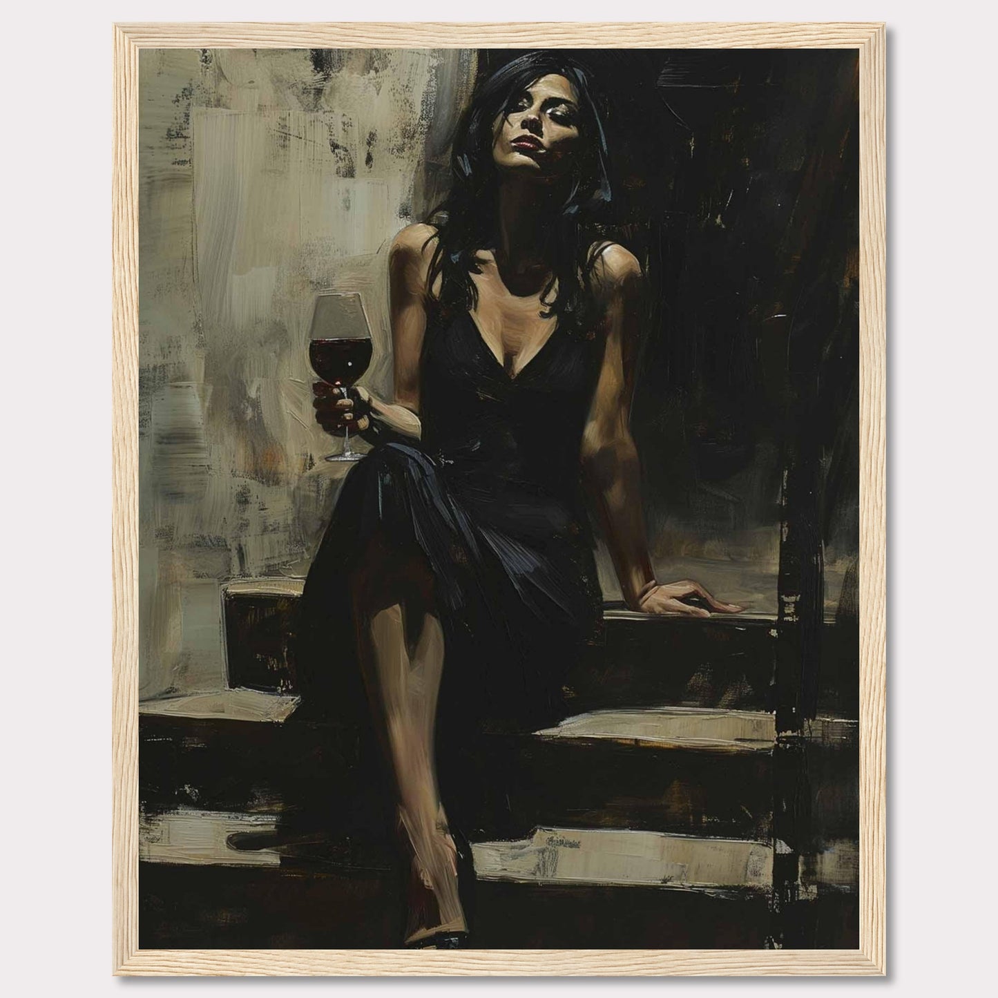 This captivating painting depicts a woman in an elegant black dress, seated on a set of steps. She holds a glass of red wine, exuding confidence and sophistication. The dark, moody background contrasts with her poised demeanor, creating a sense of intrigue and allure.