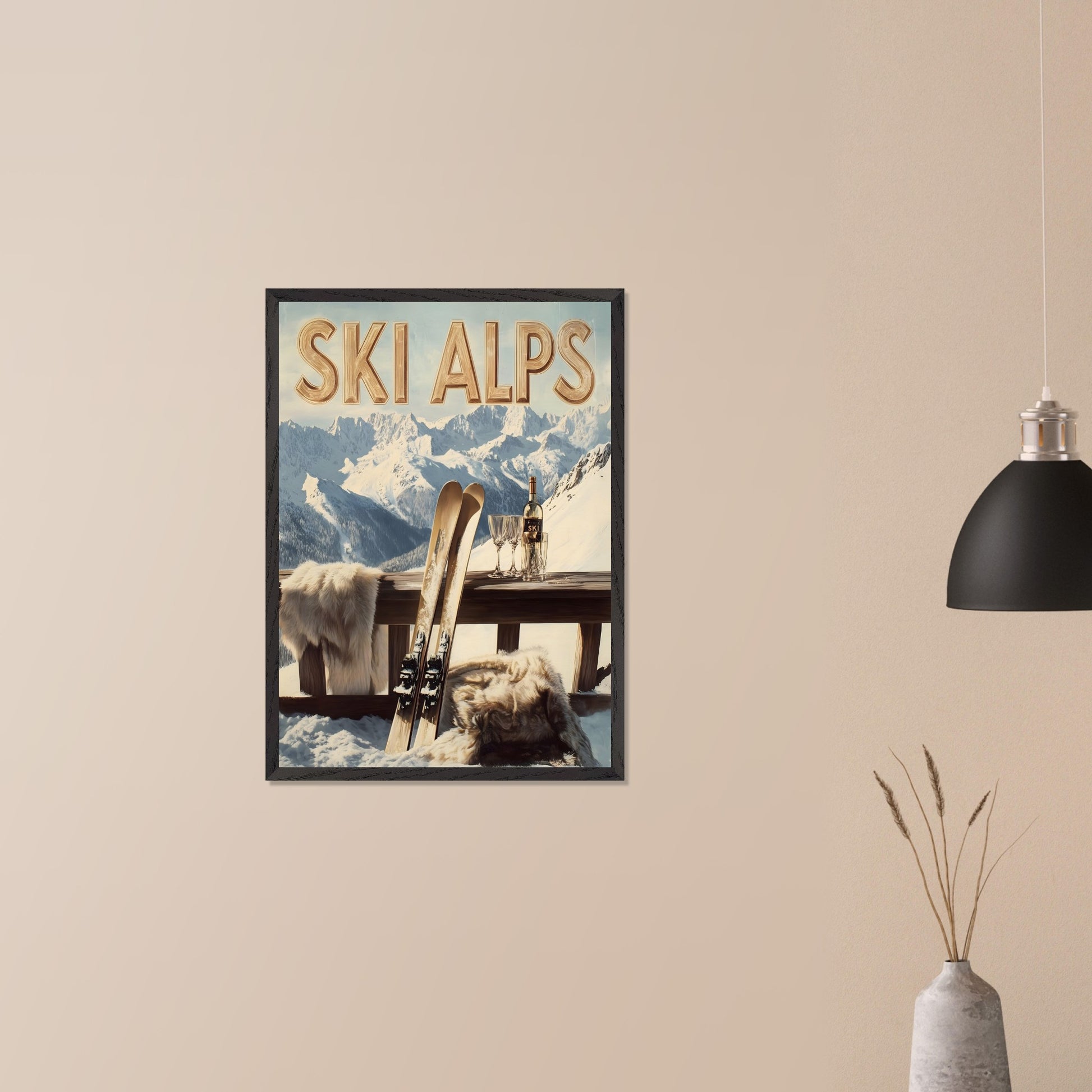 This captivating poster invites you to a serene alpine retreat, where snowy peaks stretch into the horizon. A pair of classic wooden skis leans against a rustic balcony railing, adorned with soft fur for added warmth. A bottle of fine wine and elegant glasses sit atop the table, perfectly complementing the breathtaking mountain backdrop.