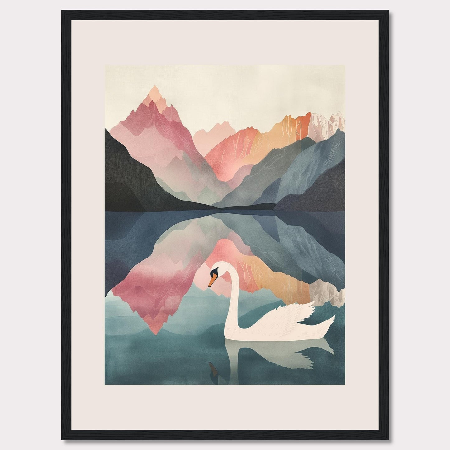 This captivating artwork features a serene swan gliding across a tranquil lake, surrounded by majestic mountains in pastel hues. The reflection of the mountains and the swan in the calm water adds a mesmerizing symmetry to the scene. The soft, muted colors evoke a sense of peace and tranquility.