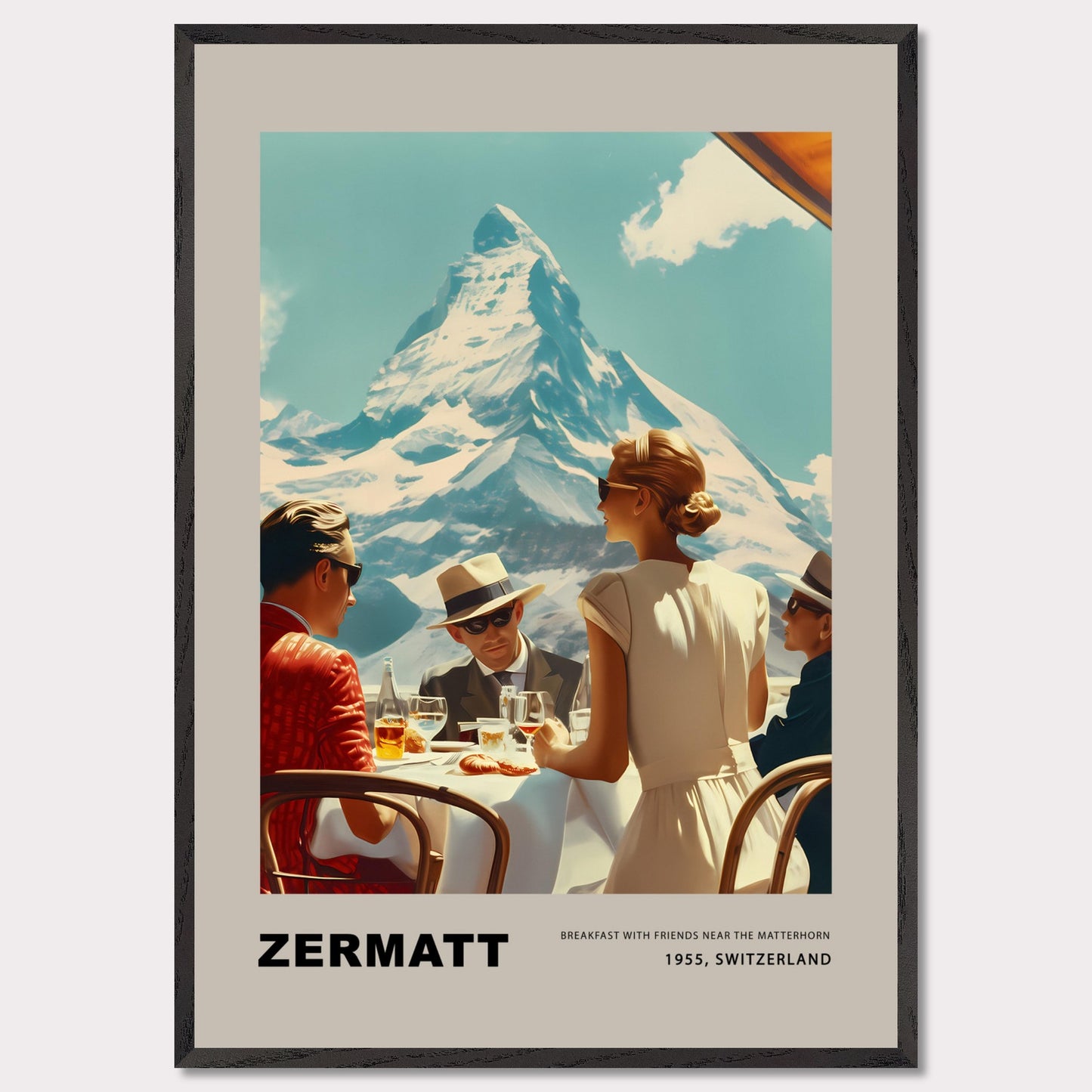 Experience the charm of Zermatt with this vintage poster featuring a group of friends enjoying breakfast against the stunning backdrop of the Matterhorn. This nostalgic scene from 1975, Switzerland, captures the essence of leisurely mornings and breathtaking mountain views.