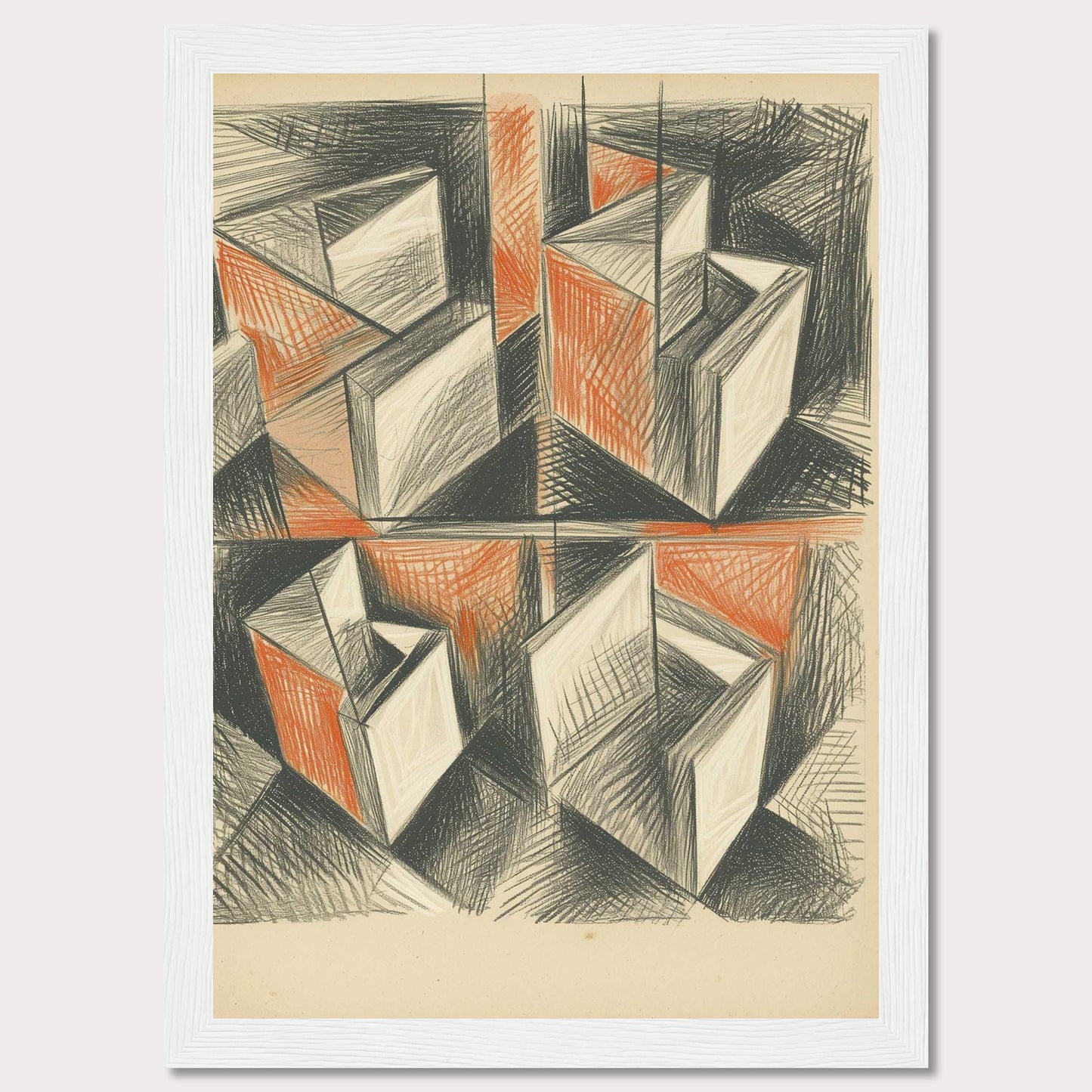 This artwork features an abstract geometric composition with intersecting shapes and lines. The use of black and orange tones creates a dynamic and intriguing visual effect.