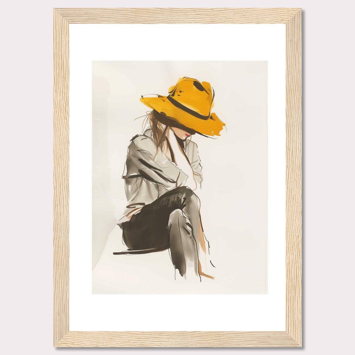 This artwork features a stylish illustration of a person wearing a large, vibrant yellow hat. The figure is seated, with their head slightly bowed, creating a sense of introspection and calm. The use of muted tones for the clothing contrasts beautifully with the boldness of the hat, making it the focal point of the piece. The minimalist background allows the viewer to fully appreciate the elegance and simplicity of the design.