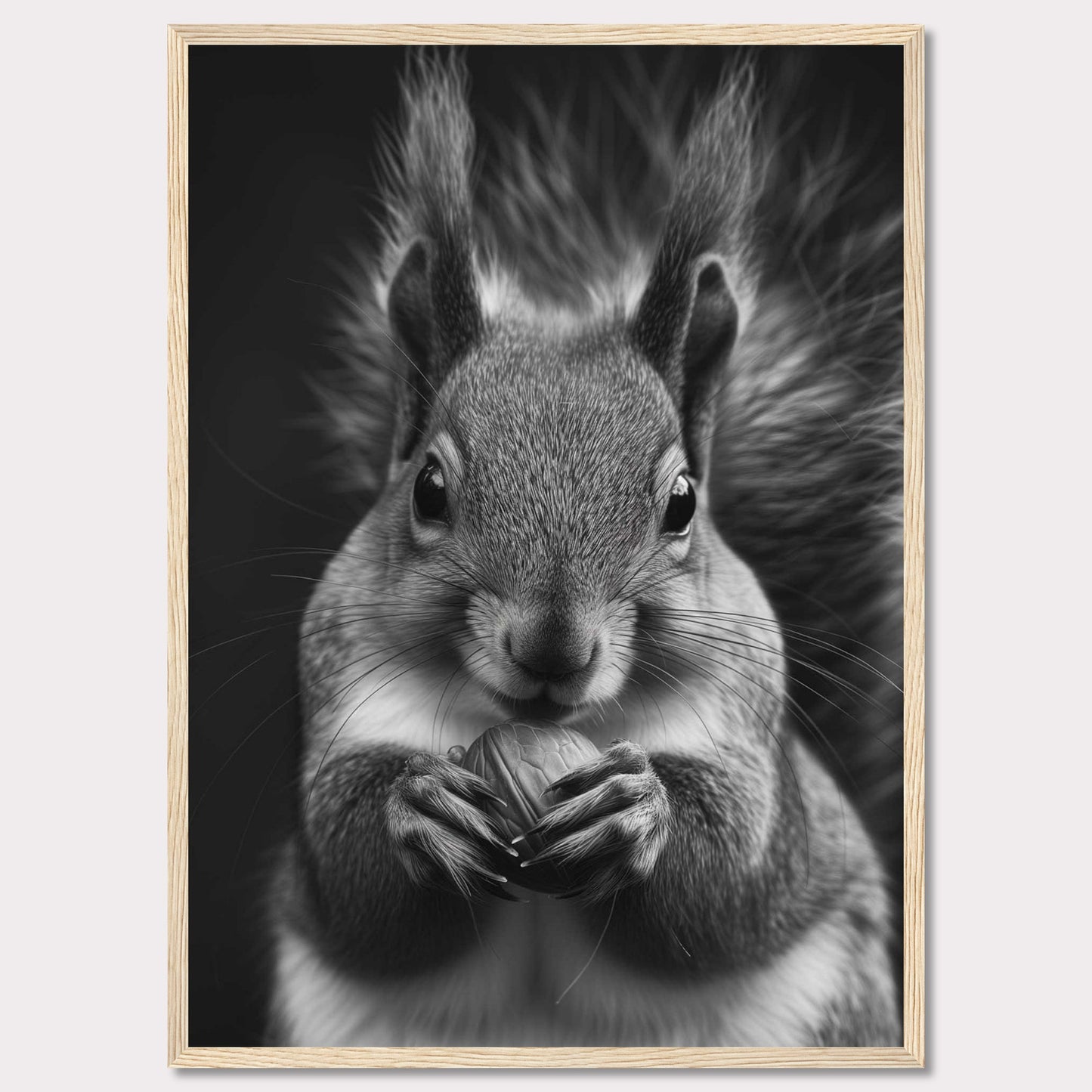 This captivating black and white photograph showcases a close-up of a squirrel holding a nut. The fine details of the squirrel's fur and the texture of the nut are beautifully highlighted, creating a striking contrast against the dark background. The squirrel's focused gaze adds an element of intensity to the image.