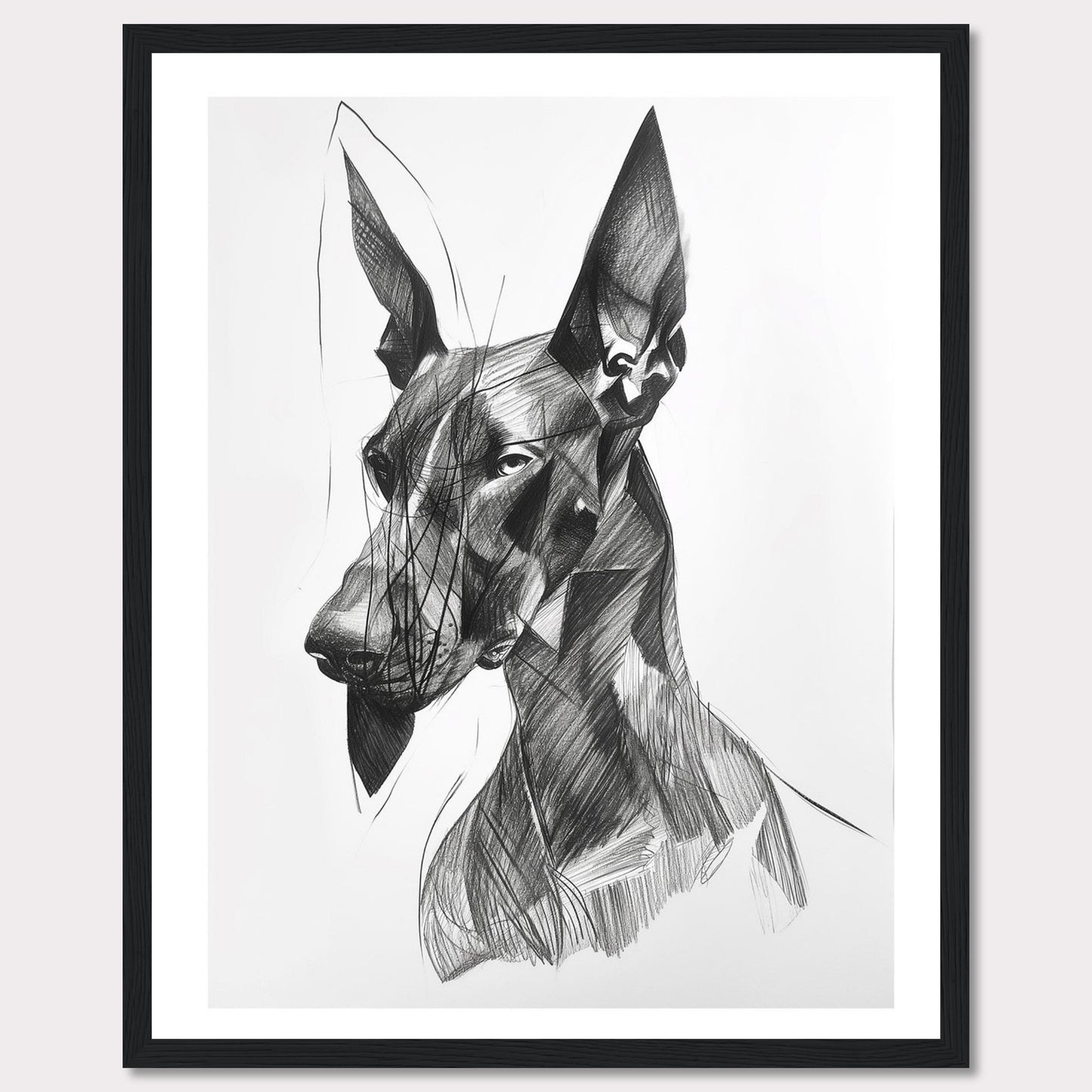 This captivating artwork features a detailed, abstract sketch of a dog, showcasing intricate lines and shading. The black and white composition highlights the dog's expressive eyes and strong features, creating a striking visual impact. The minimalist background emphasizes the subject, making it a perfect piece for modern decor.