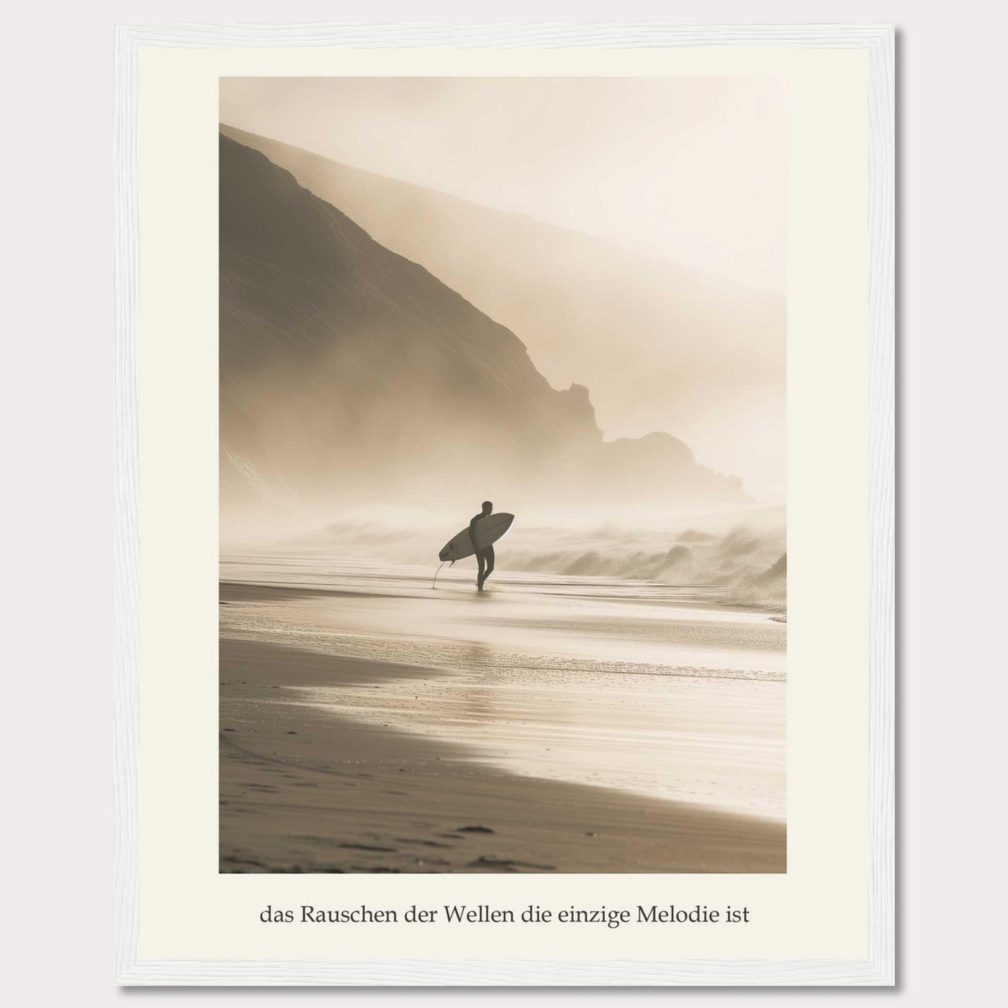 This captivating photograph captures a lone surfer walking along a misty beach, surfboard in hand, with towering cliffs in the background.