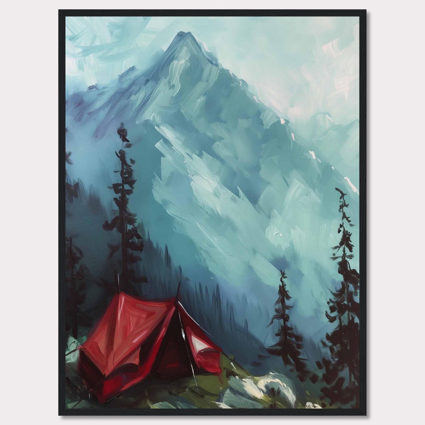 This captivating painting depicts a serene mountain landscape with a vibrant red tent pitched among tall pine trees. The majestic mountain in the background is shrouded in mist, adding a sense of mystery and tranquility to the scene. The contrast between the bold red tent and the cool blue tones of the mountain creates a striking visual effect.