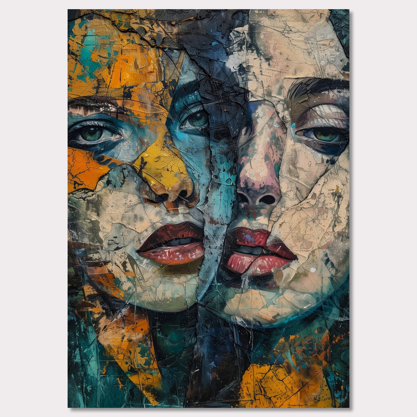 This captivating artwork features two intertwined, abstract faces with a rich blend of colors and textures. The painting exudes a sense of mystery and depth, drawing the viewer into its intricate details.