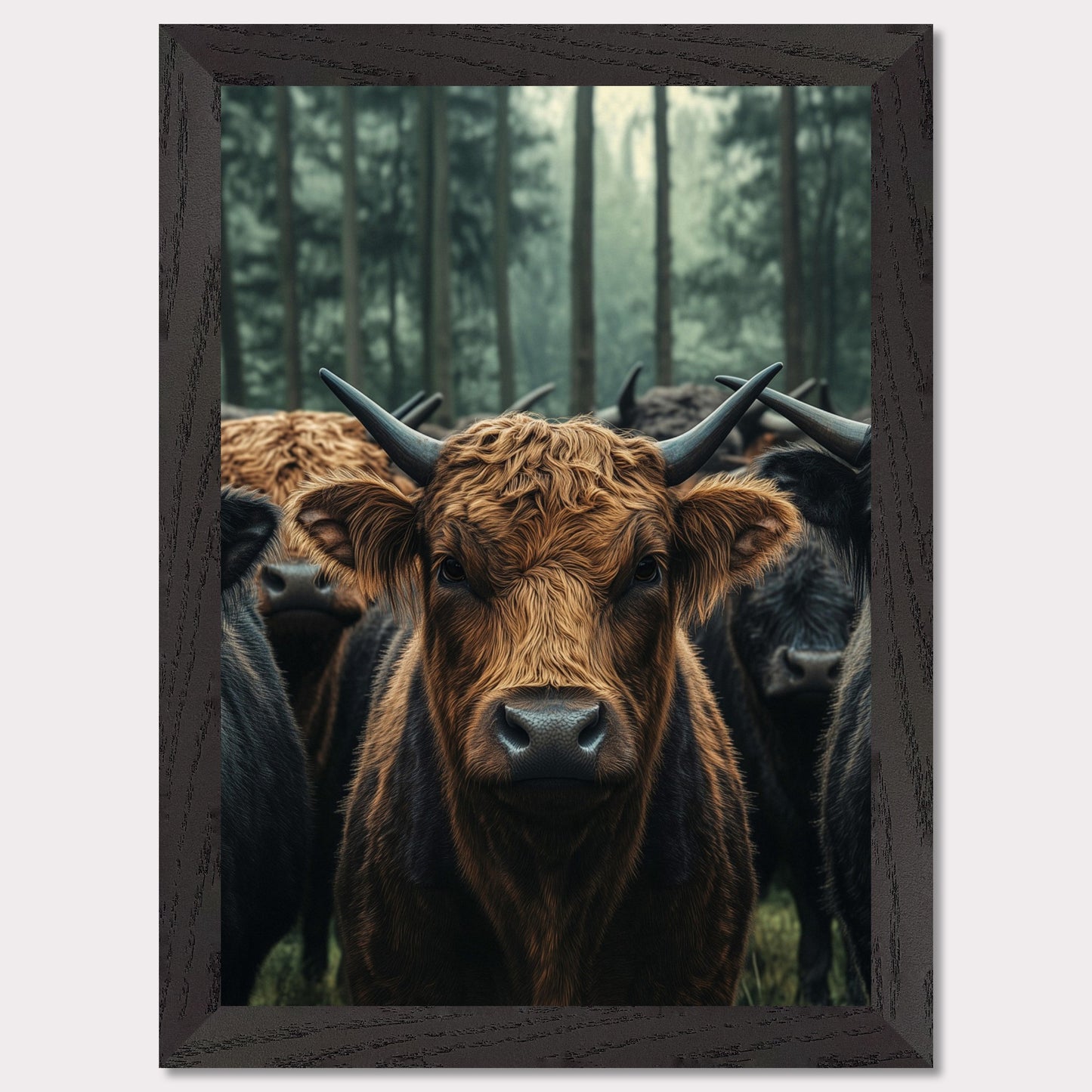 This captivating image features a herd of Highland cattle standing in a misty forest. The central focus is on a brown Highland cow, with its distinctive long horns and shaggy coat, staring directly at the viewer. The background showcases tall trees enveloped in fog, adding a mystical ambiance to the scene.