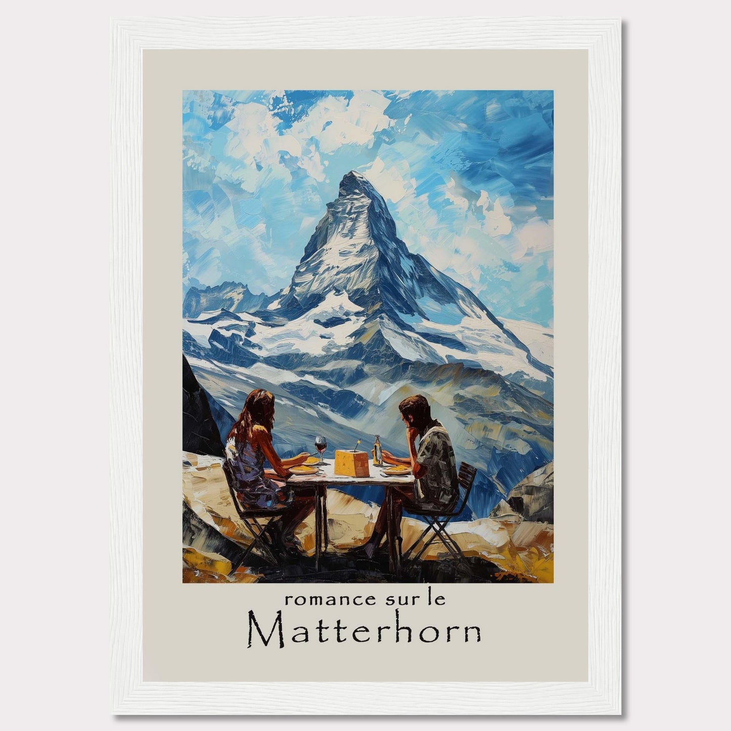 This captivating poster showcases a romantic scene at the Matterhorn, with a couple enjoying a meal against the breathtaking backdrop of the iconic mountain.