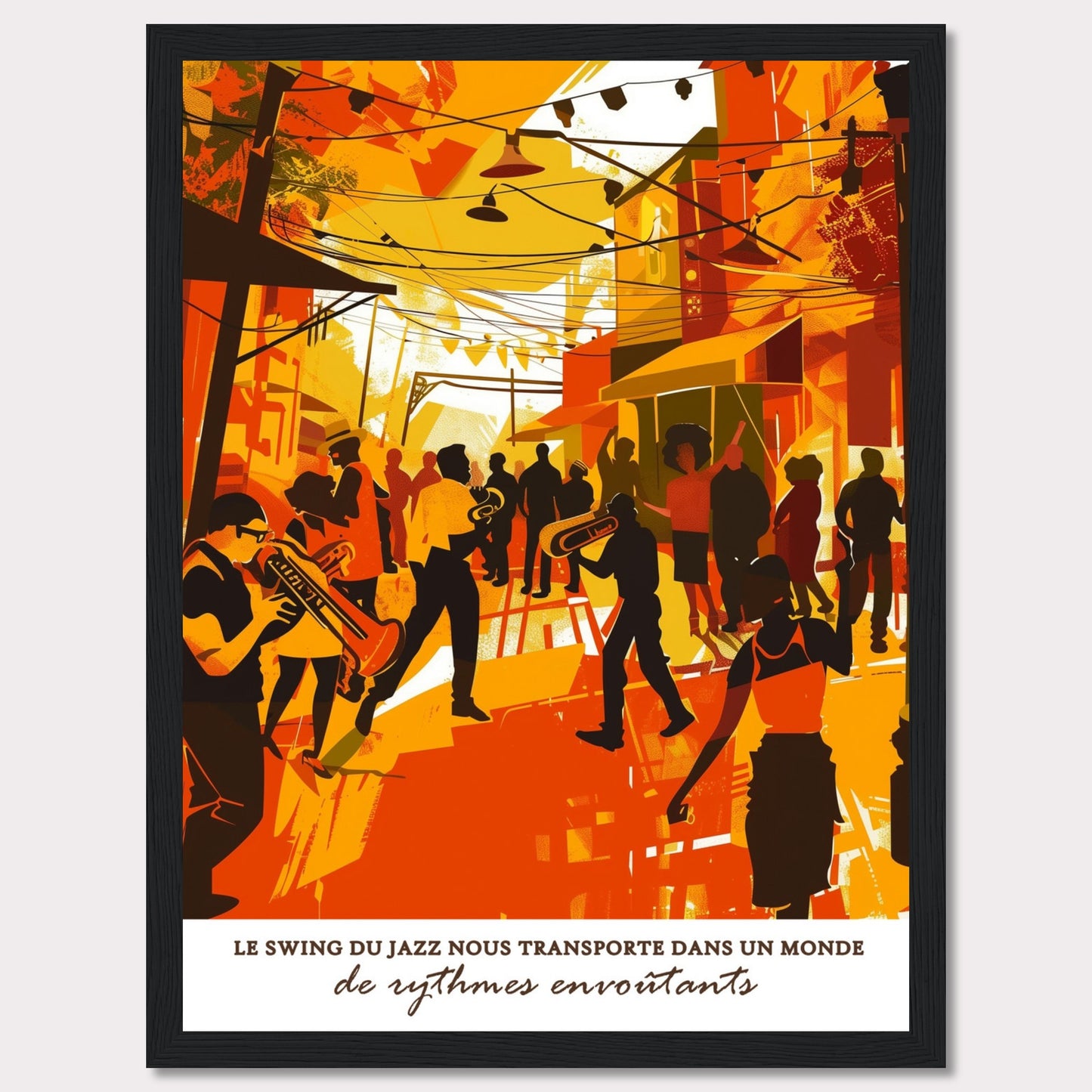 This vibrant illustration captures the lively atmosphere of a jazz street performance. Musicians with trumpets and trombones play energetically, surrounded by an enthusiastic crowd. The scene is bathed in warm hues of orange and yellow, evoking a sense of warmth and excitement.