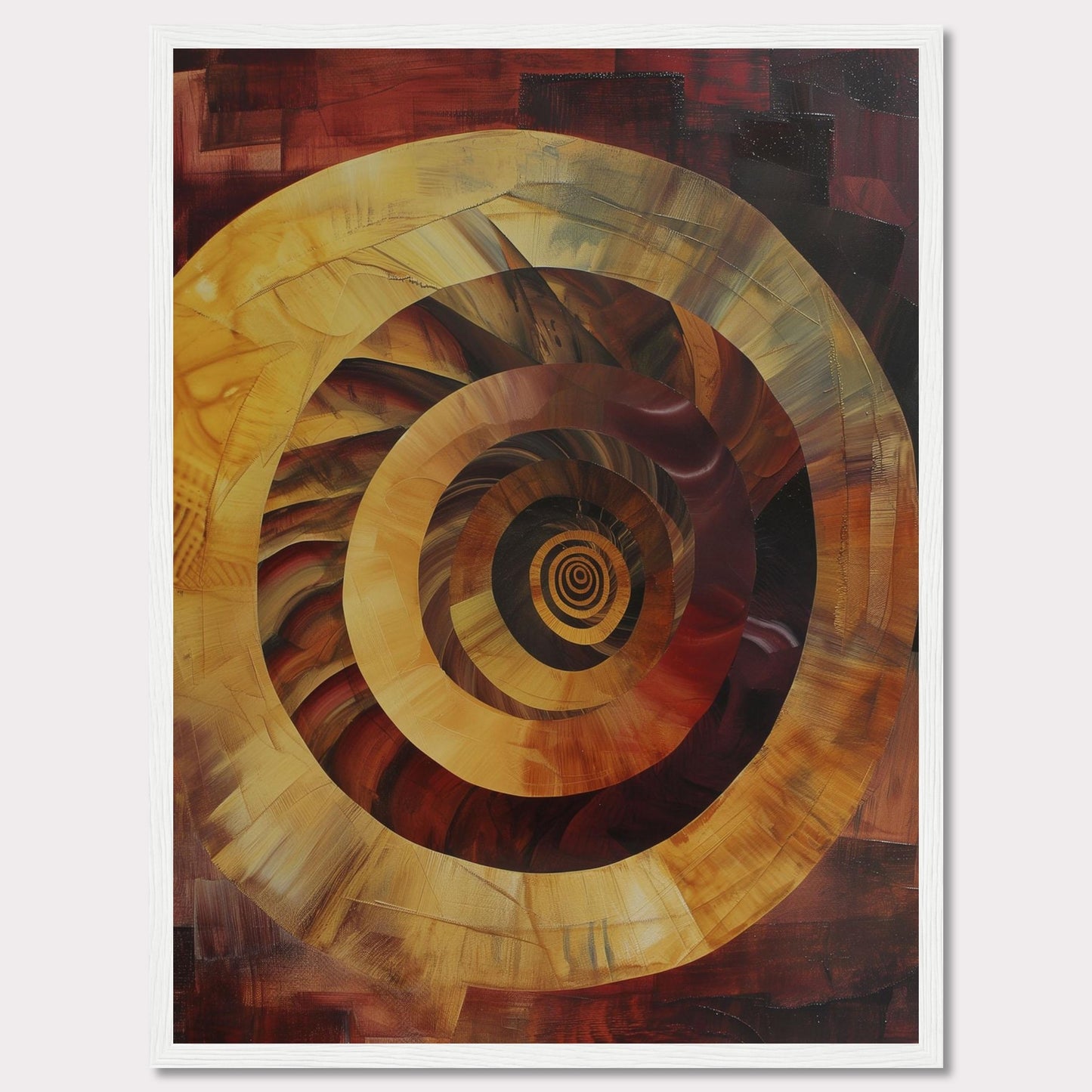 This captivating abstract painting features a mesmerizing spiral design, drawing the viewer into its depths. The artwork is dominated by warm tones of red, orange, and yellow, creating a sense of movement and energy.