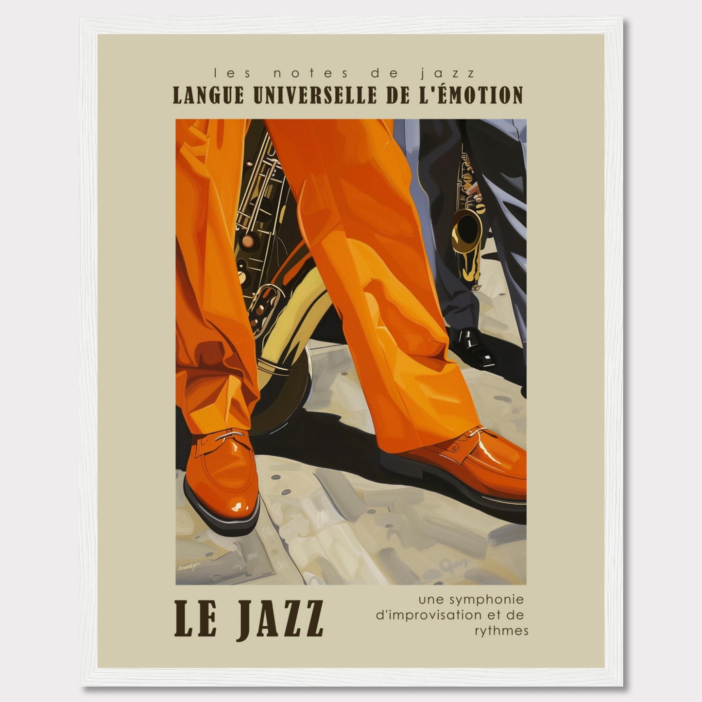 This vibrant poster captures the essence of jazz with its bold colors and dynamic imagery. The scene focuses on the legs and shoes of musicians, emphasizing their lively movements. Brass instruments peek from behind, hinting at the soulful music being played. The text reads "LANGUE UNIVERSELLE DE L'ÉMOTION" and "LE JAZZ," highlighting jazz as a universal language of emotion. The tagline, "une symphonie d'improvisation et de rythmes," describes jazz as a symphony of improvisation and rhythms.