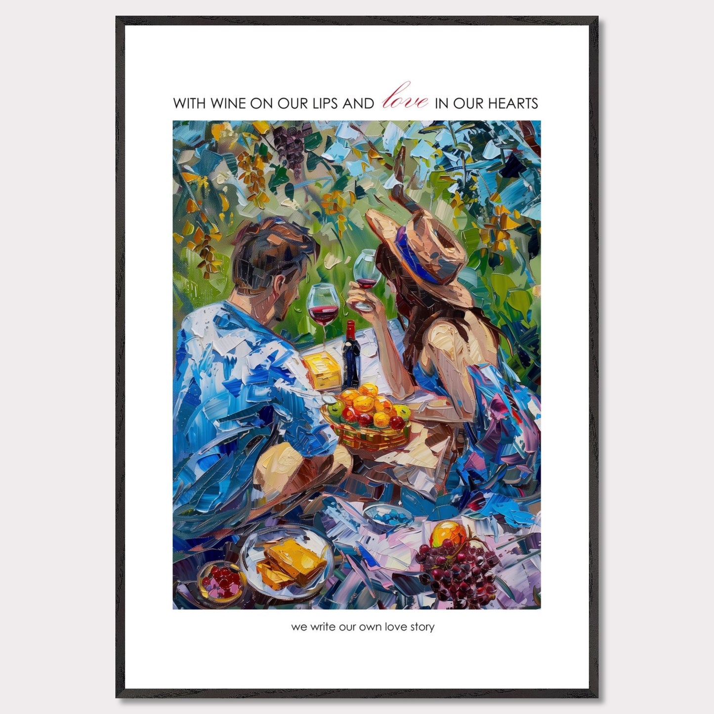 Couple on a summer picnic - Poster with a wooden frame