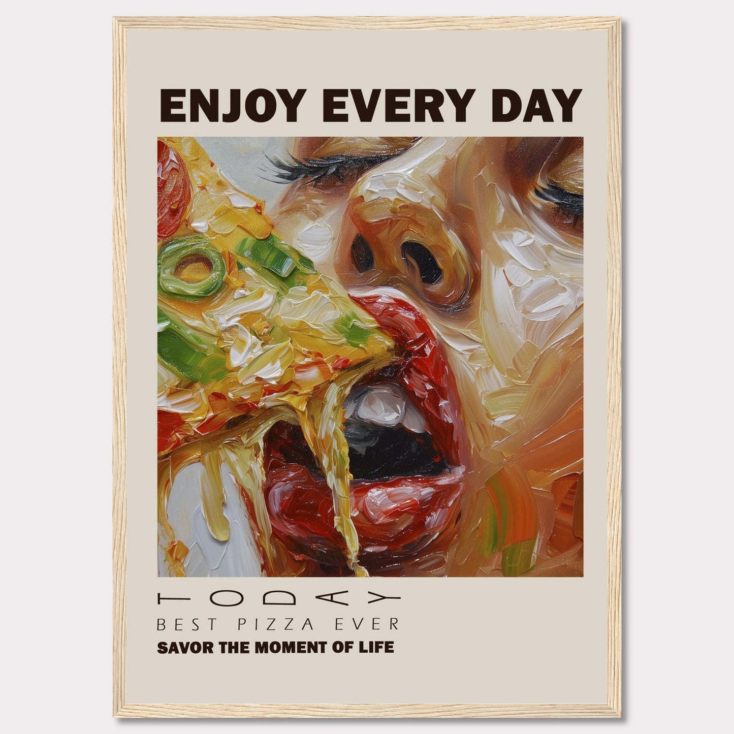 Enjoy a delicious slice of pizza every day with this vibrant and artistic poster. The image showcases a close-up of a person savoring a cheesy, vegetable-topped pizza slice.