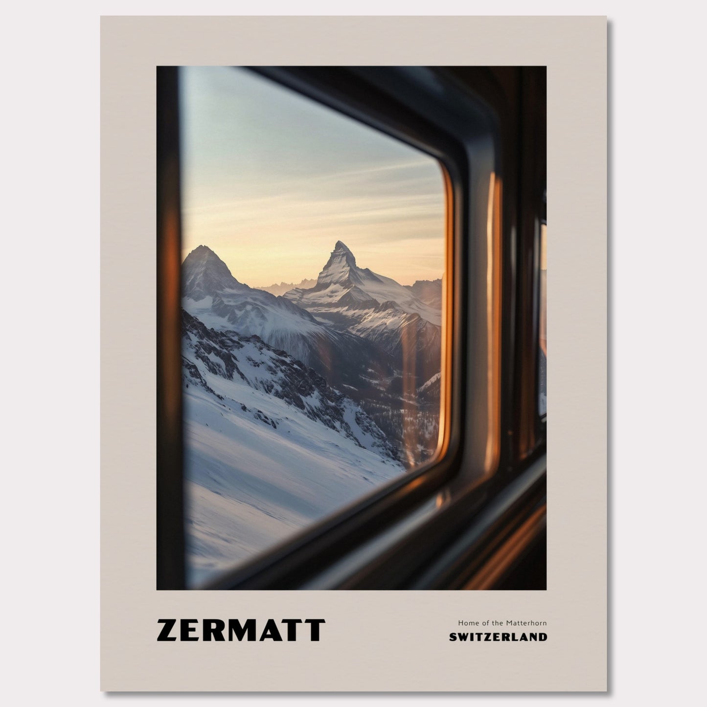 This poster features one of Switzerland’s most iconic symbols – the Matterhorn, proudly rising above the snowy slopes. The view from a train or gondola window creates a travel-like experience, while the soft sunset light adds an enchanting glow to the scenery.