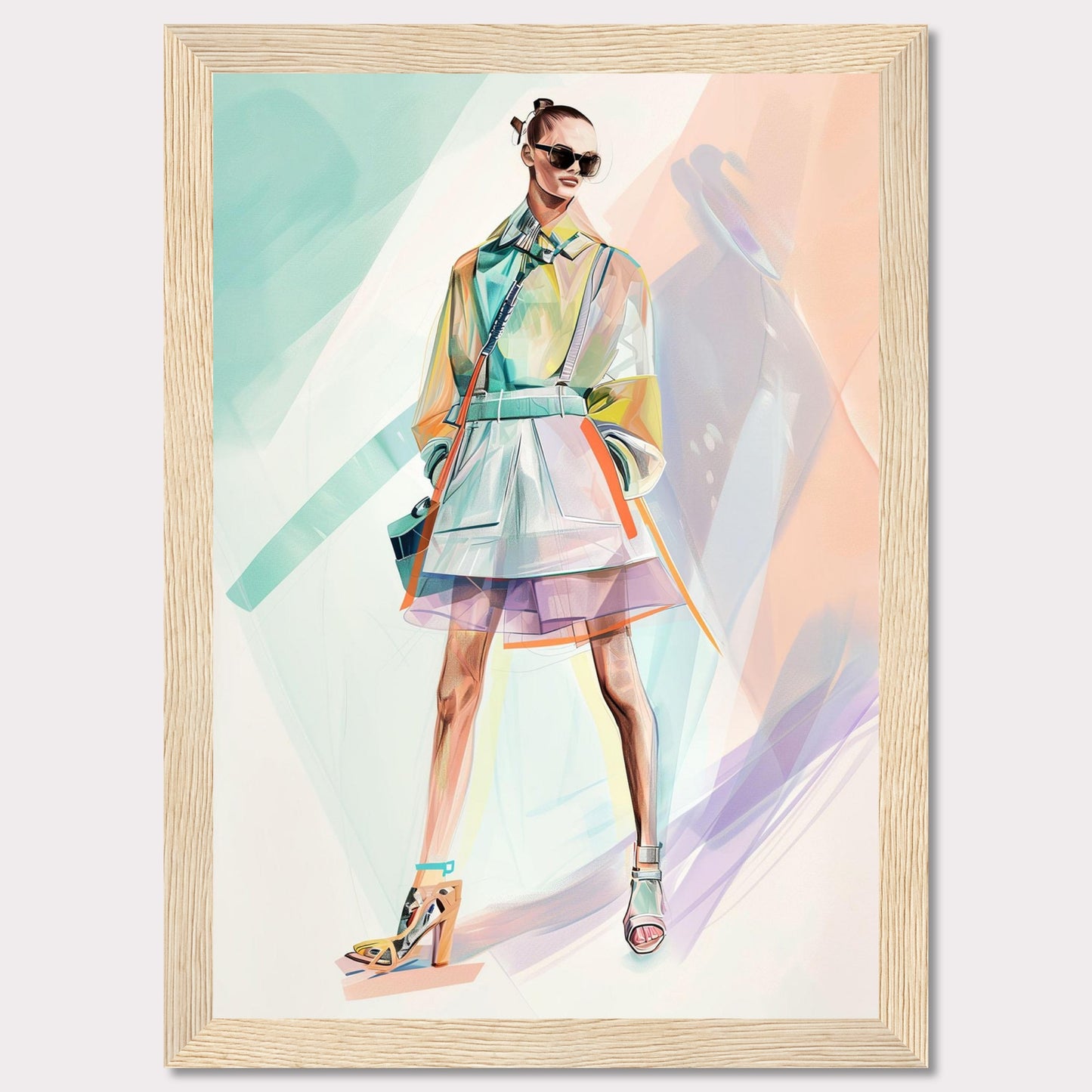 This stunning artwork features a stylish figure in a vibrant, modern outfit. The person is wearing a colorful, translucent coat over a layered skirt, with high-fashion heels and chic sunglasses. The background is an abstract blend of pastel colors, enhancing the fashionable vibe.