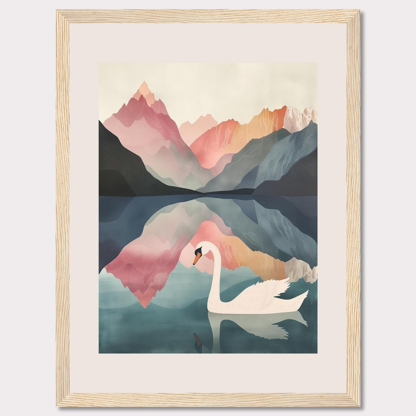 This captivating artwork features a serene swan gliding across a tranquil lake, surrounded by majestic mountains in pastel hues. The reflection of the mountains and the swan in the calm water adds a mesmerizing symmetry to the scene. The soft, muted colors evoke a sense of peace and tranquility.