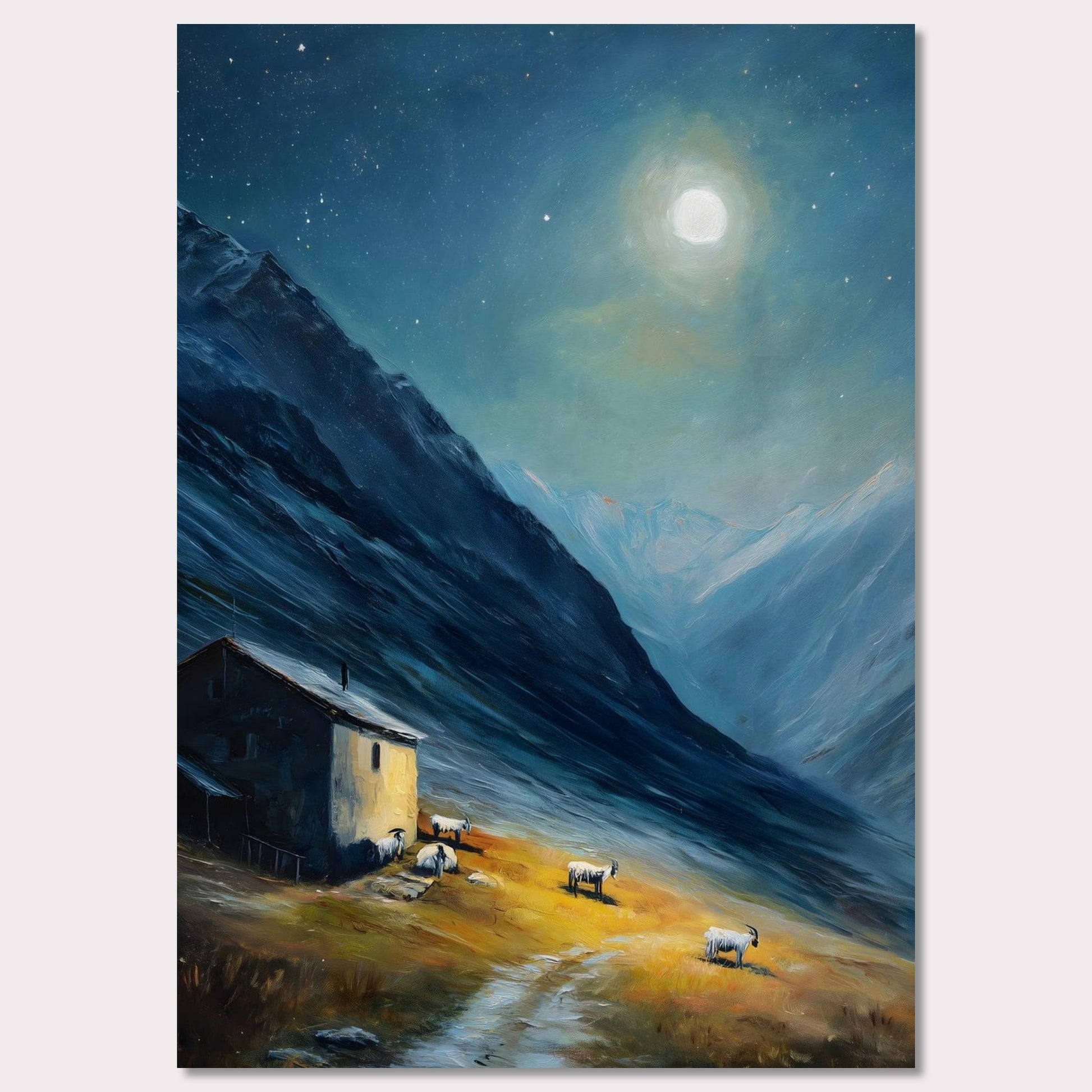Nestled between dramatic cliffs, a single farmhouse glows under a sky heavy with storm and sun. The valley holds its breath — clouds swirl above while the earth remains grounded, golden, and still. This is a refuge at the edge of wildness.