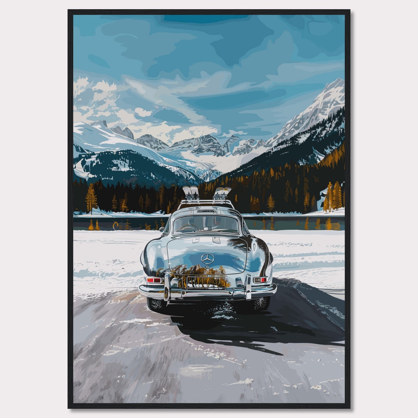 This artwork features a classic car parked on a snowy road with breathtaking snow-capped mountains and a serene lake in the background.