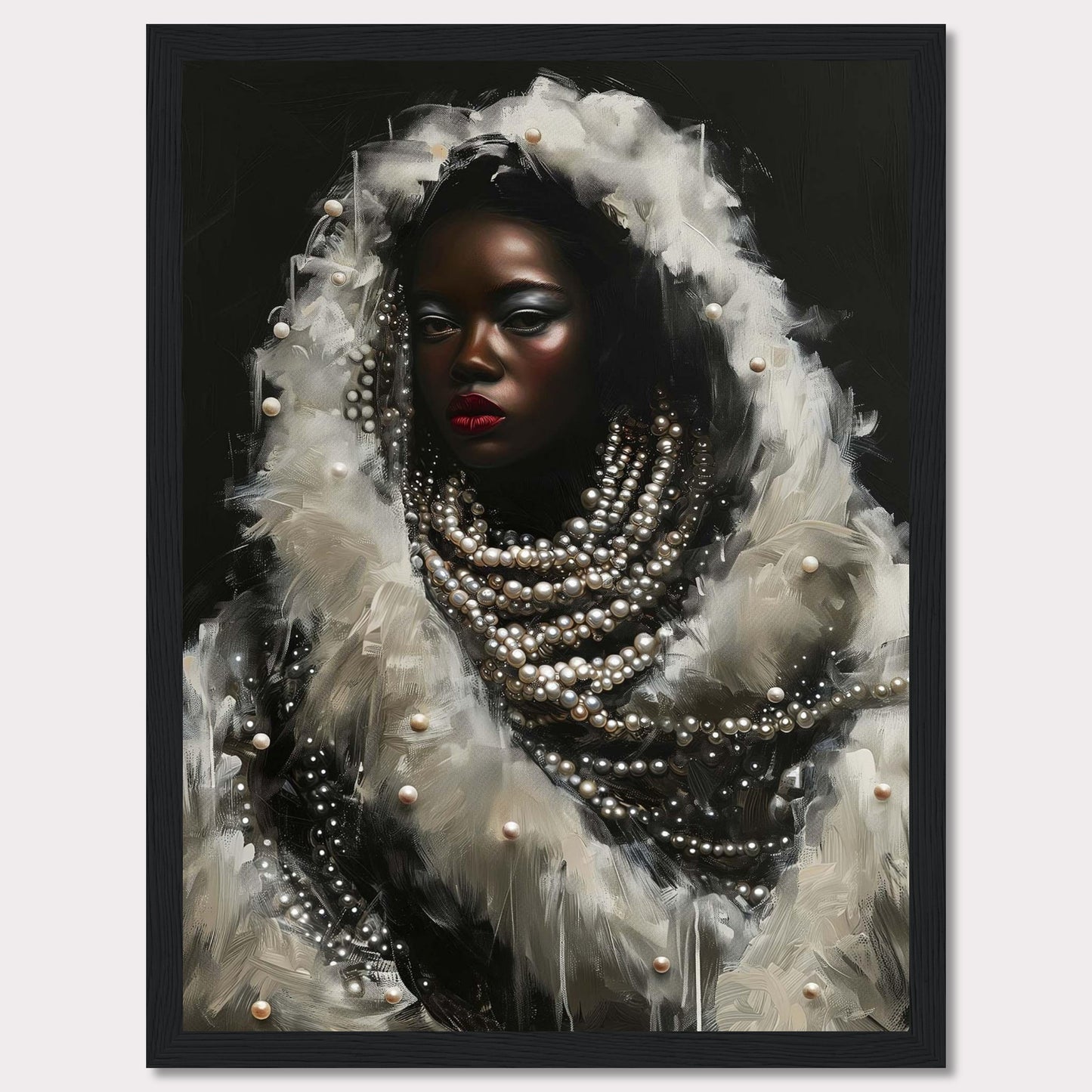 This captivating artwork features a striking portrait of a woman adorned with layers of pearls and white feathers. The dark background accentuates her luminous skin and bold red lips, creating a dramatic contrast. The intricate details of the pearls and feathers add a sense of luxury and elegance to the piece.