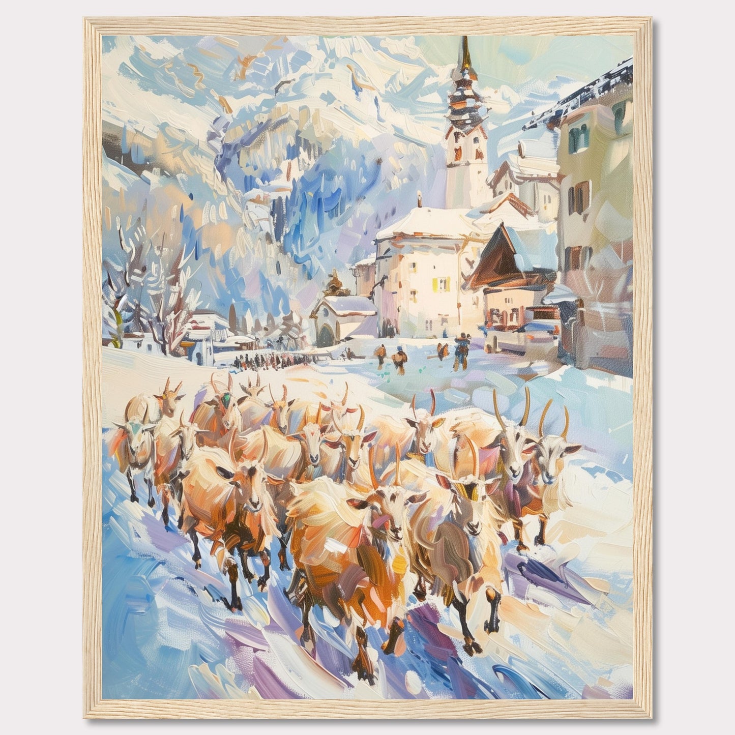 This captivating painting depicts a serene winter village scene with a herd of sheep being guided through the snow-covered streets. The backdrop features majestic snow-capped mountains and charming alpine architecture, including a prominent church steeple.