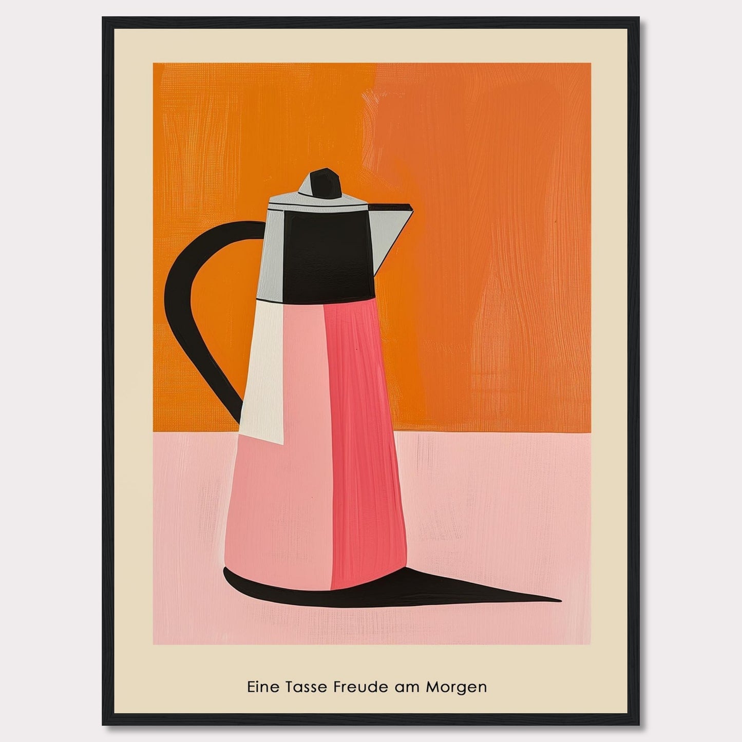 This image features a vibrant, modern art depiction of a coffee pot against a bold orange and pink background.