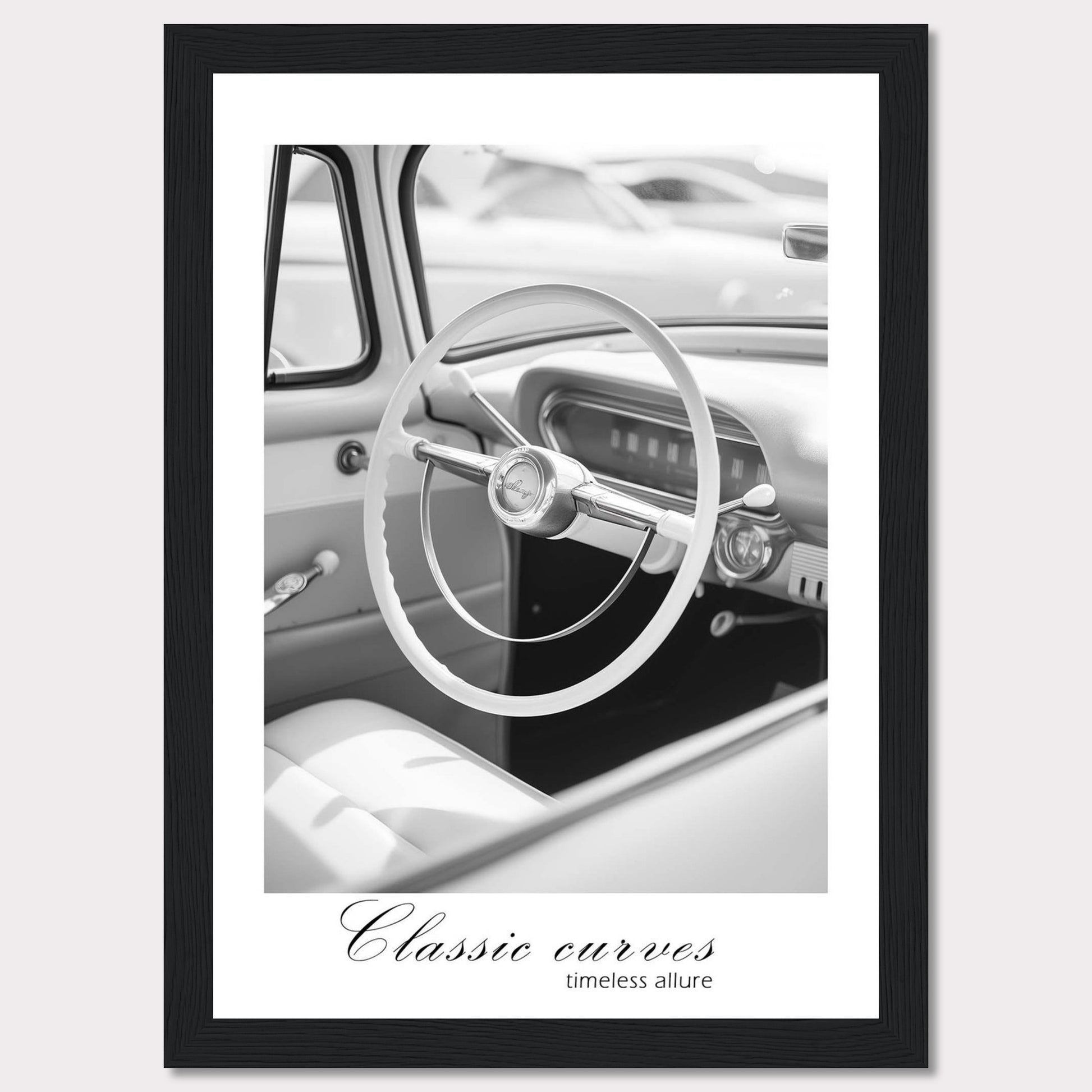 This image features a black and white photograph of a vintage car interior, focusing on the classic steering wheel. The photo exudes a sense of nostalgia and elegance.