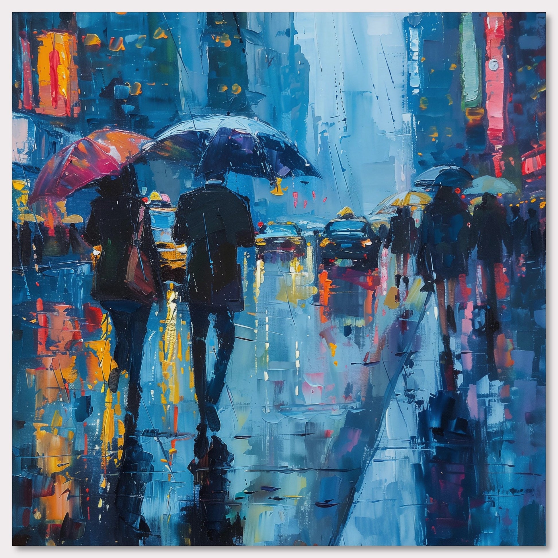 This captivating painting portrays a rainy city street bustling with people holding umbrellas. The vibrant colors and reflections on the wet pavement create a mesmerizing atmosphere.