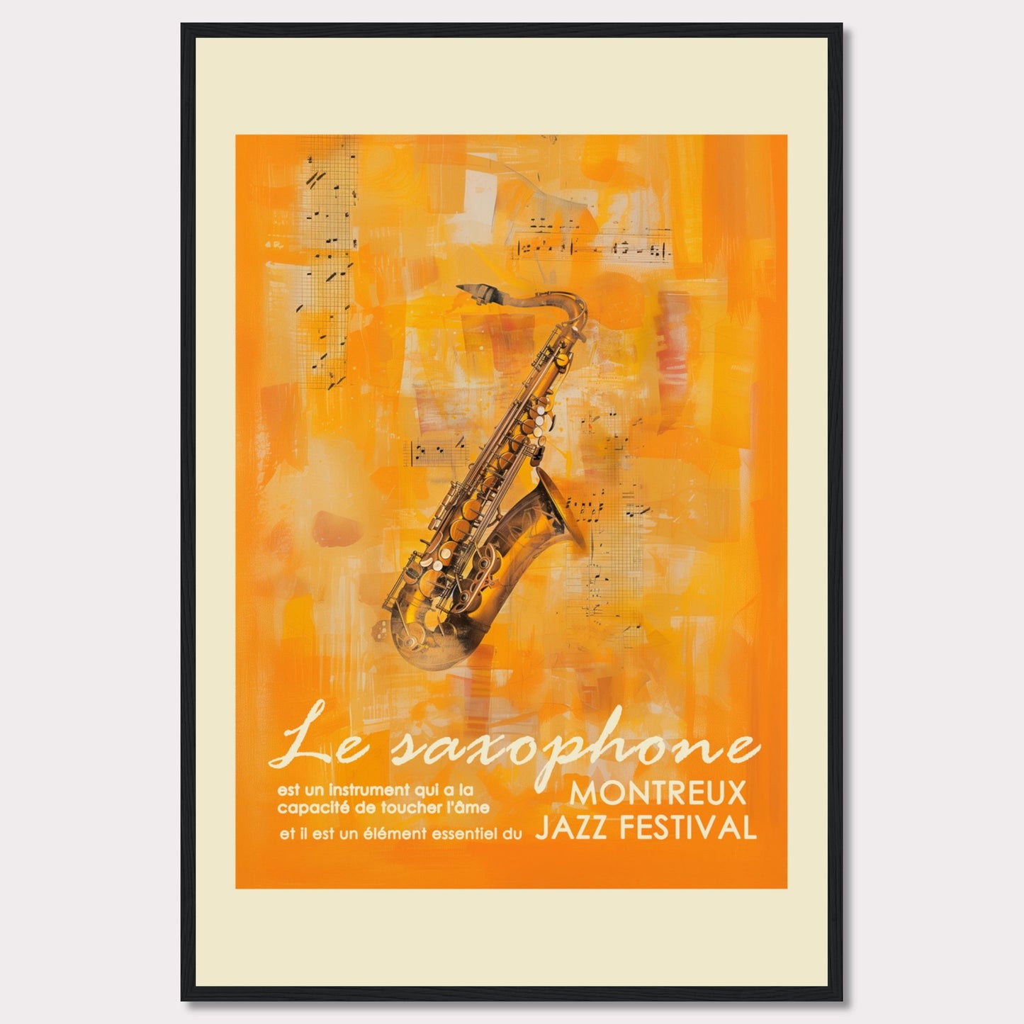 This vibrant poster features a saxophone set against an abstract orange background with musical notes. The text highlights the significance of the saxophone in touching the soul and its essential role in the Montreux Jazz Festival.