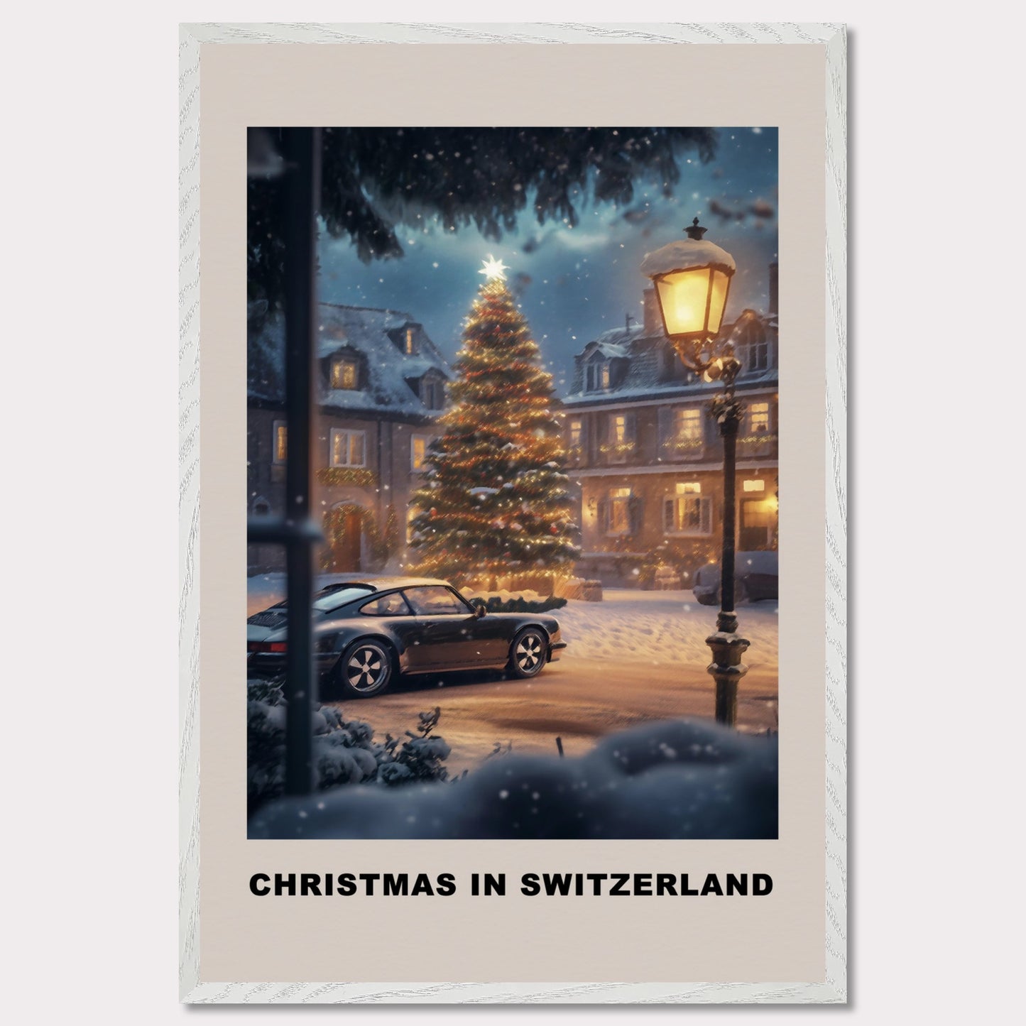 This heartwarming poster depicts a magical Swiss town square adorned with a glowing Christmas tree under a snowy evening sky. A classic vintage car adds a nostalgic charm, parked amidst festive lights and cozy, snow-covered houses. The scene invites you to experience the serene joy of a Swiss Christmas.