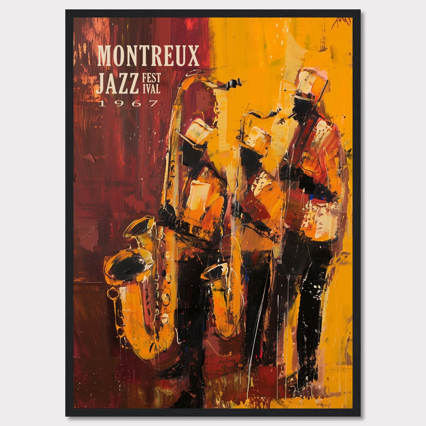 This vibrant art poster showcases the Montreux Jazz Festival from 1967. The artwork features an abstract depiction of three jazz musicians passionately playing their instruments, with rich hues of red, yellow, and orange capturing the dynamic energy of the performance.