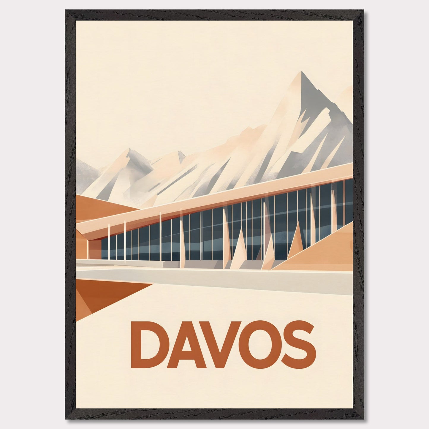 An artistic depiction of Davos, where a contemporary structure stretches along the base of snow-covered peaks. The smooth design of the building complements the sharp mountain ridges, creating a stunning contrast.