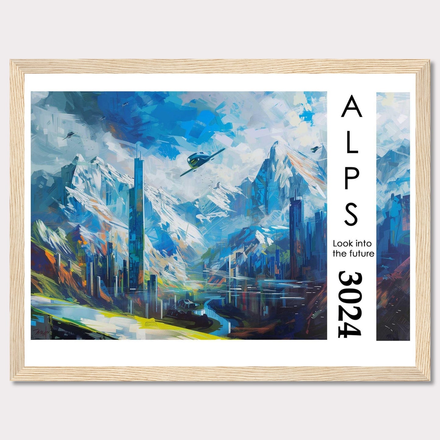 This artwork portrays a futuristic cityscape nestled within the majestic Alps, featuring towering skyscrapers, serene water bodies, and flying vehicles.