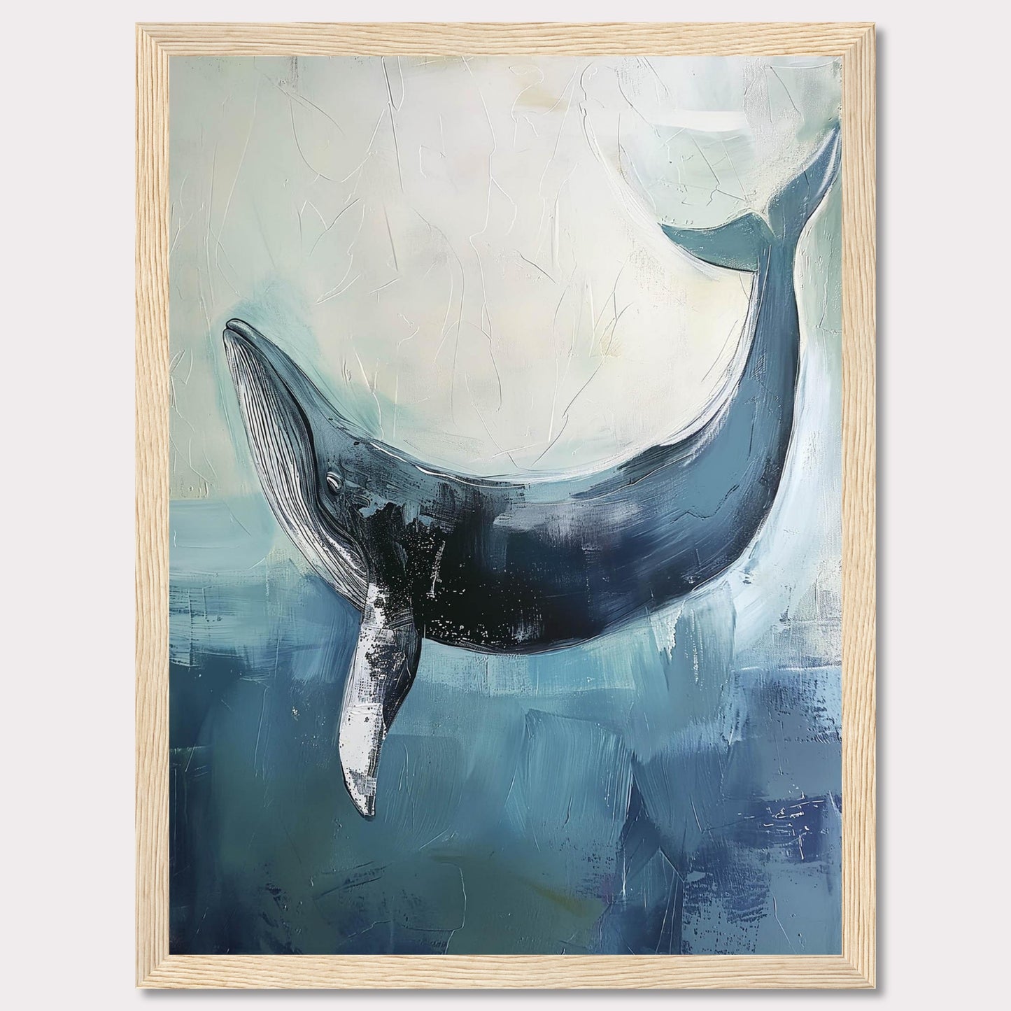 This image showcases a stunning painting of a whale gracefully swimming in the ocean. The artwork captures the serene beauty and majesty of the whale, set against a backdrop of soothing blue and white hues. The texture and brushstrokes add depth and movement to the piece, making it an eye-catching addition to any space.