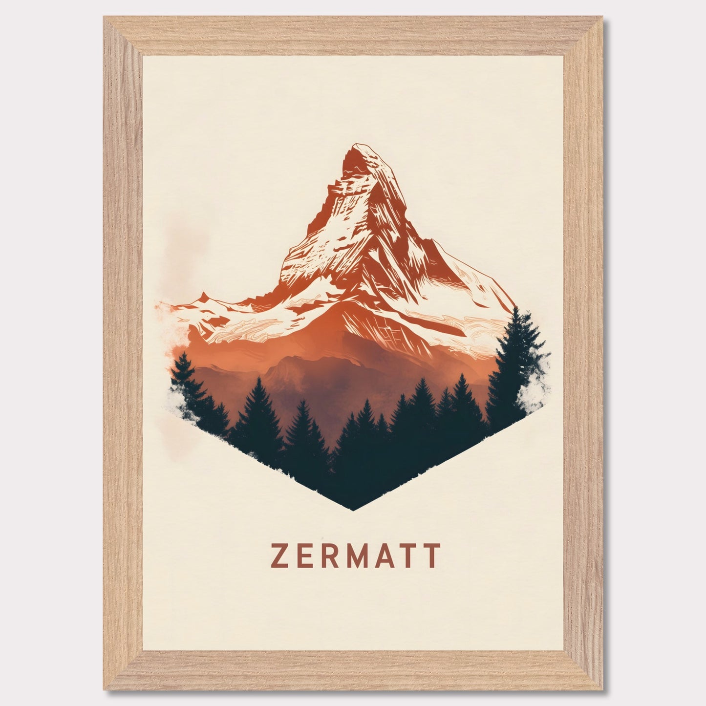 A scenic poster showcasing the breathtaking beauty of Zermatt’s Matterhorn. The rich, painterly textures and natural color palette evoke the serene yet powerful presence of the Alps.