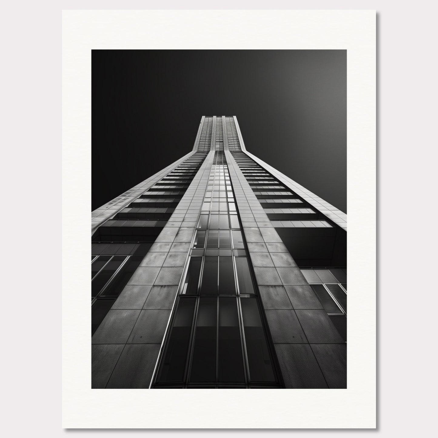 This striking black and white photograph captures the awe-inspiring perspective of looking up at a towering skyscraper. The image emphasizes the sleek lines and modern architecture, drawing the viewer's eye upwards towards the sky.