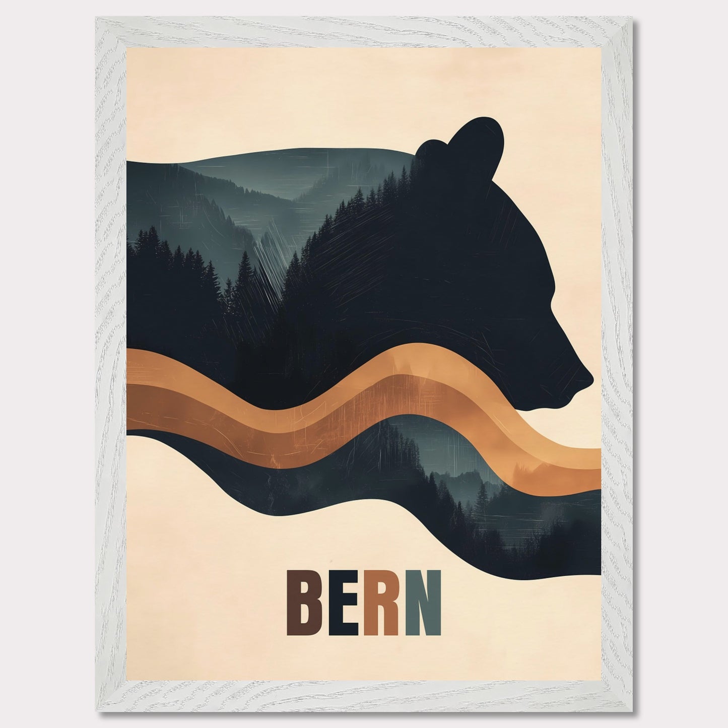 This elegant poster captures the harmony between nature and Bern’s cultural heritage. The silhouette of a bear, the city’s symbol, seamlessly blends with dense forests and flowing lines, creating a sense of tranquility and connection with the surroundings. The minimalist style and warm color palette give the artwork a modern aesthetic.