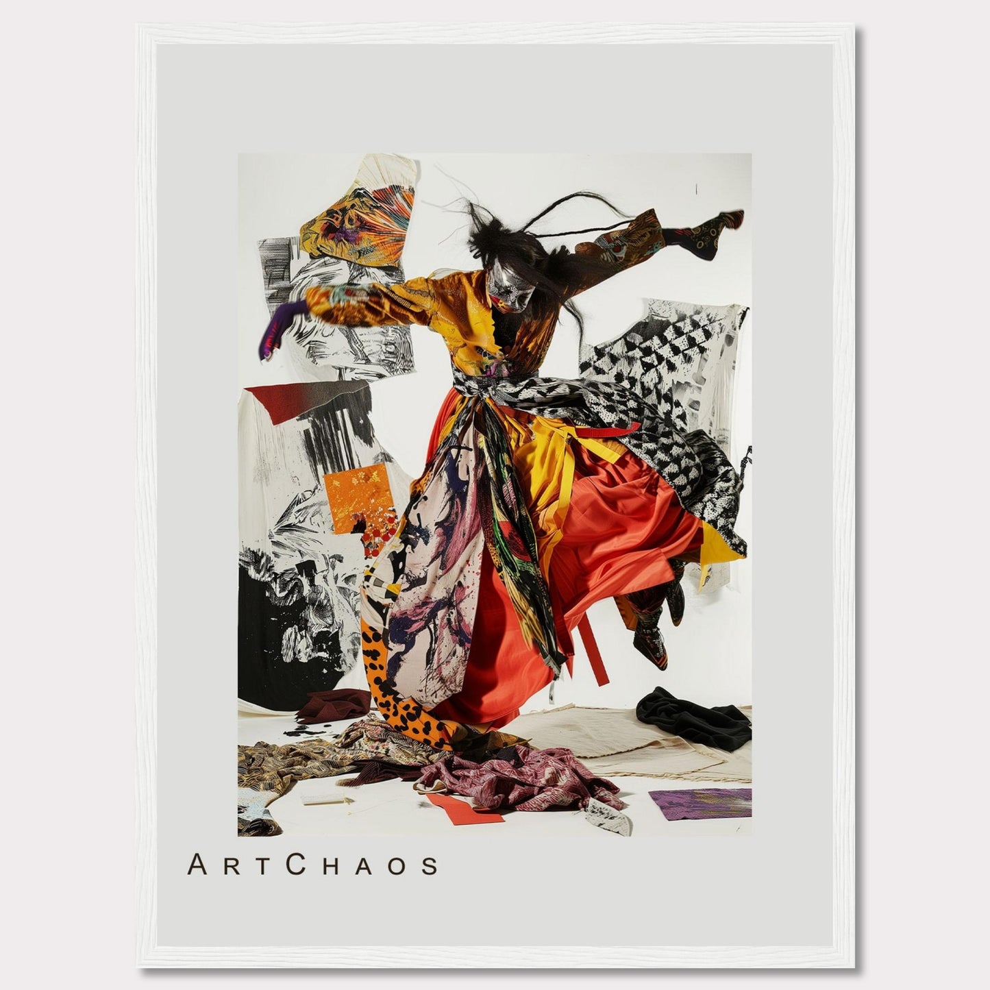 This captivating artwork features a dynamic figure in vibrant, flowing attire, seemingly caught in mid-motion. The background is a collage of abstract patterns and textures, adding depth and intrigue to the piece. The mix of bold colors and chaotic elements creates a sense of energy and movement.