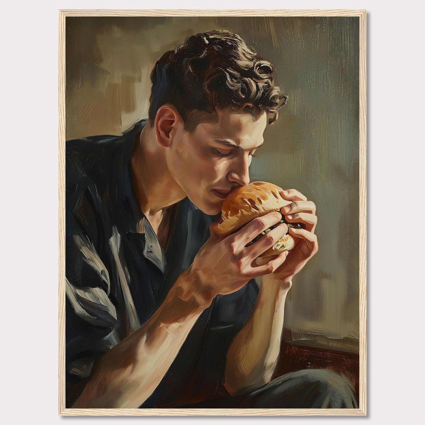 This captivating painting depicts a young man deeply savoring the aroma of a freshly made burger. The rich, detailed brushstrokes highlight the intensity of the moment, capturing a sense of appreciation and contentment.