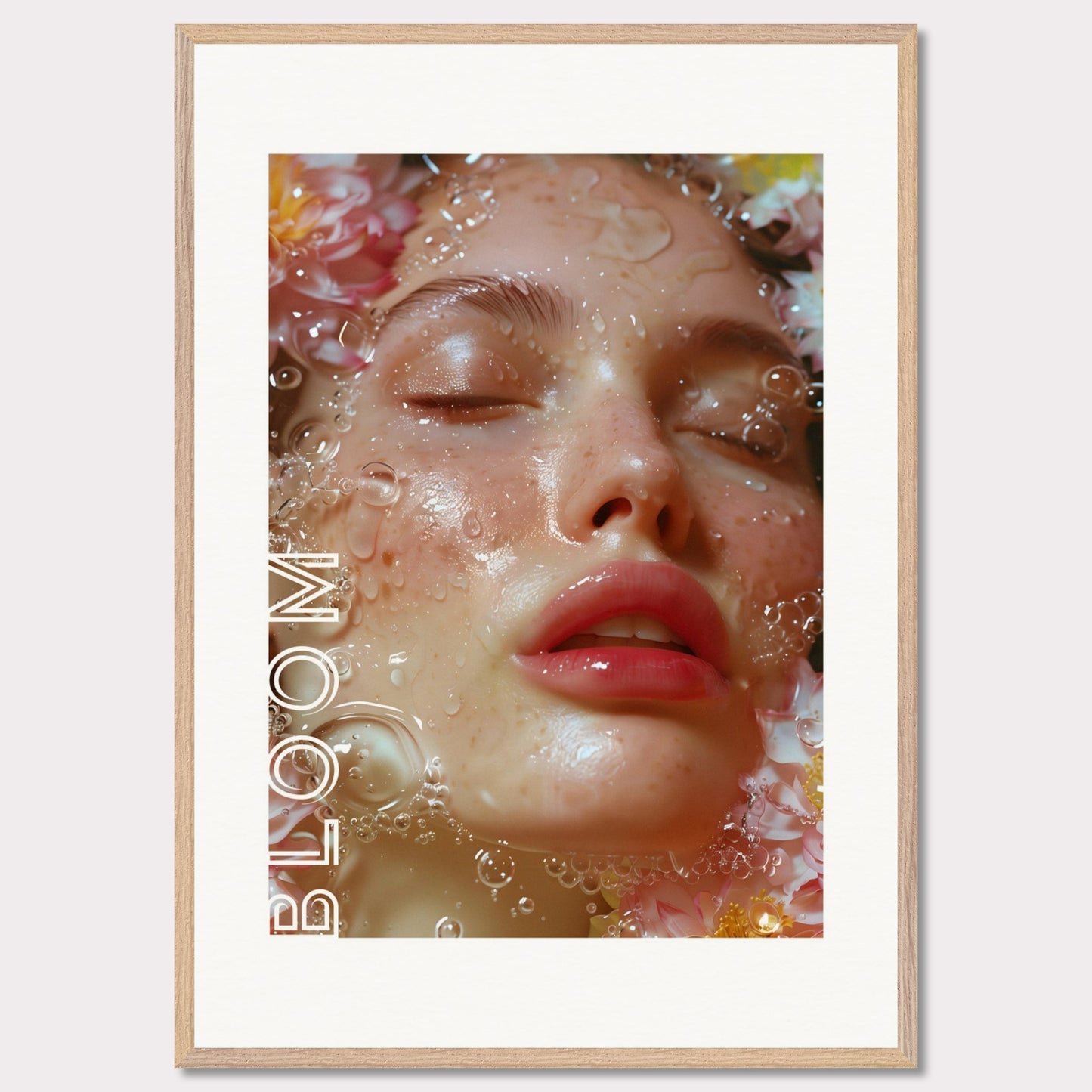 This illustration features a close-up of a serene face with closed eyes, surrounded by water droplets and flowers. The word "BLOOM" is prominently displayed along the left side.

Where this poster will fit: This poster would be ideal for a bedroom, living room, or beauty salon.