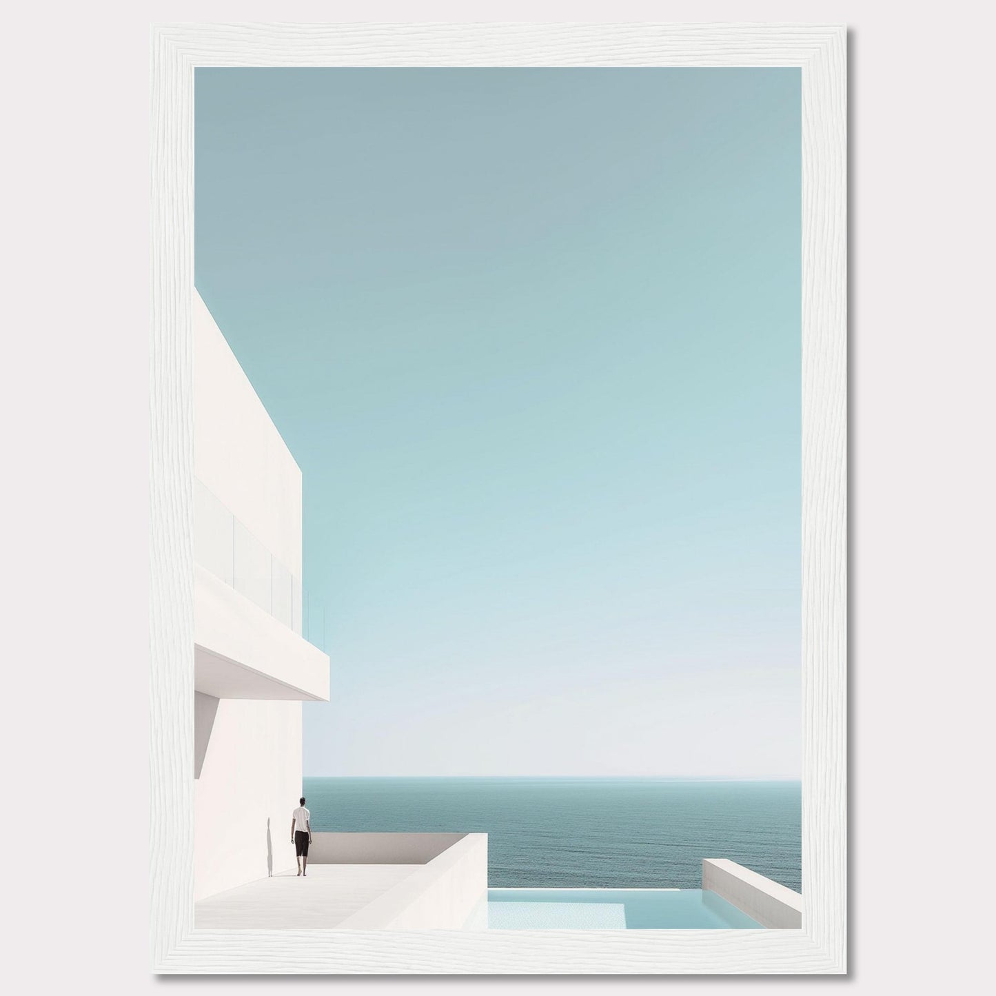 This serene image captures a minimalist coastal scene featuring a modern white building overlooking the tranquil ocean. A solitary figure stands on a balcony, gazing out at the expansive sea and clear sky. The composition exudes calmness and simplicity, inviting viewers to embrace a moment of peaceful reflection.