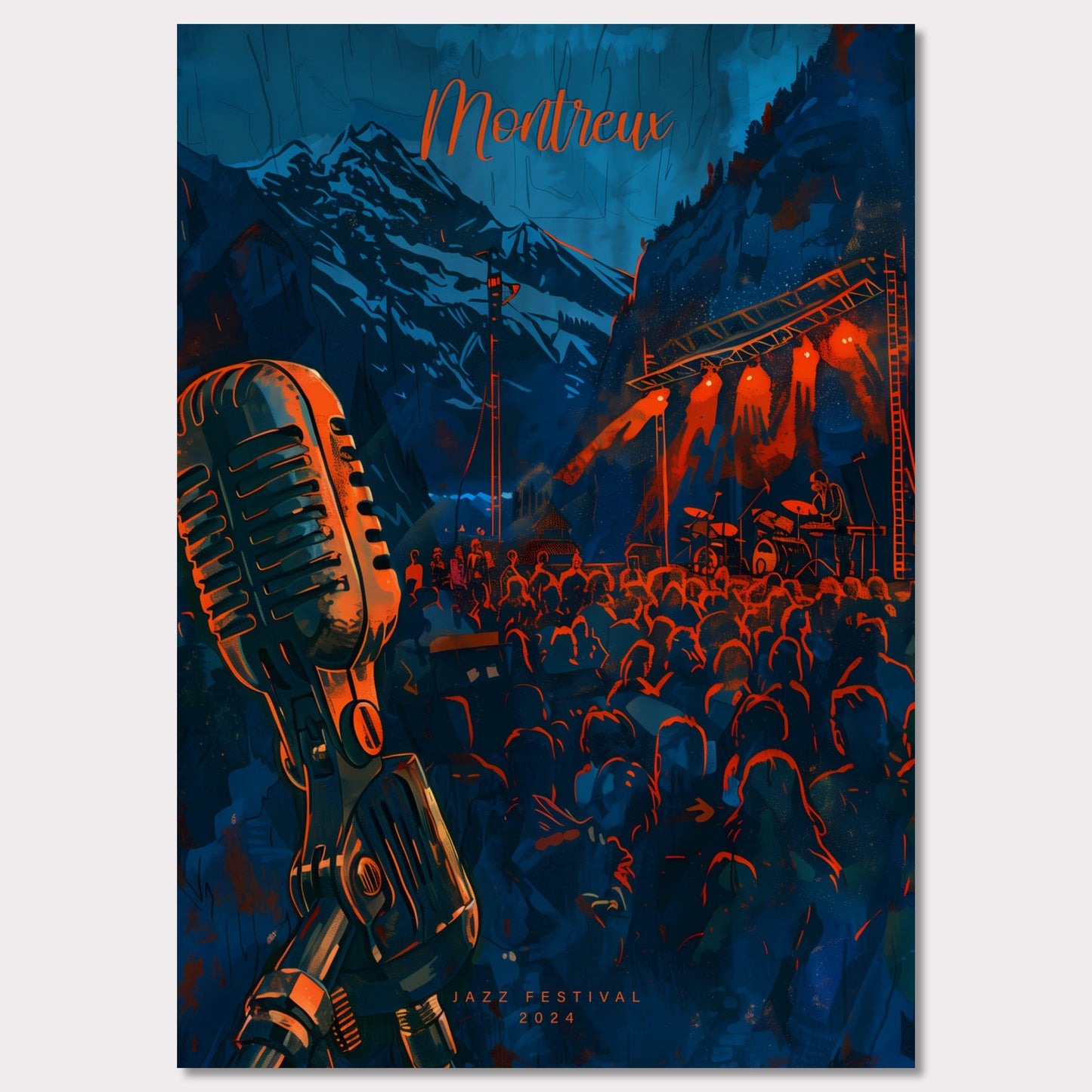 Experience the magic of Montreux Jazz Festival 2024! This vibrant poster captures the essence of live music against a stunning mountain backdrop. Join the crowd, feel the rhythm, and be part of an unforgettable musical journey.