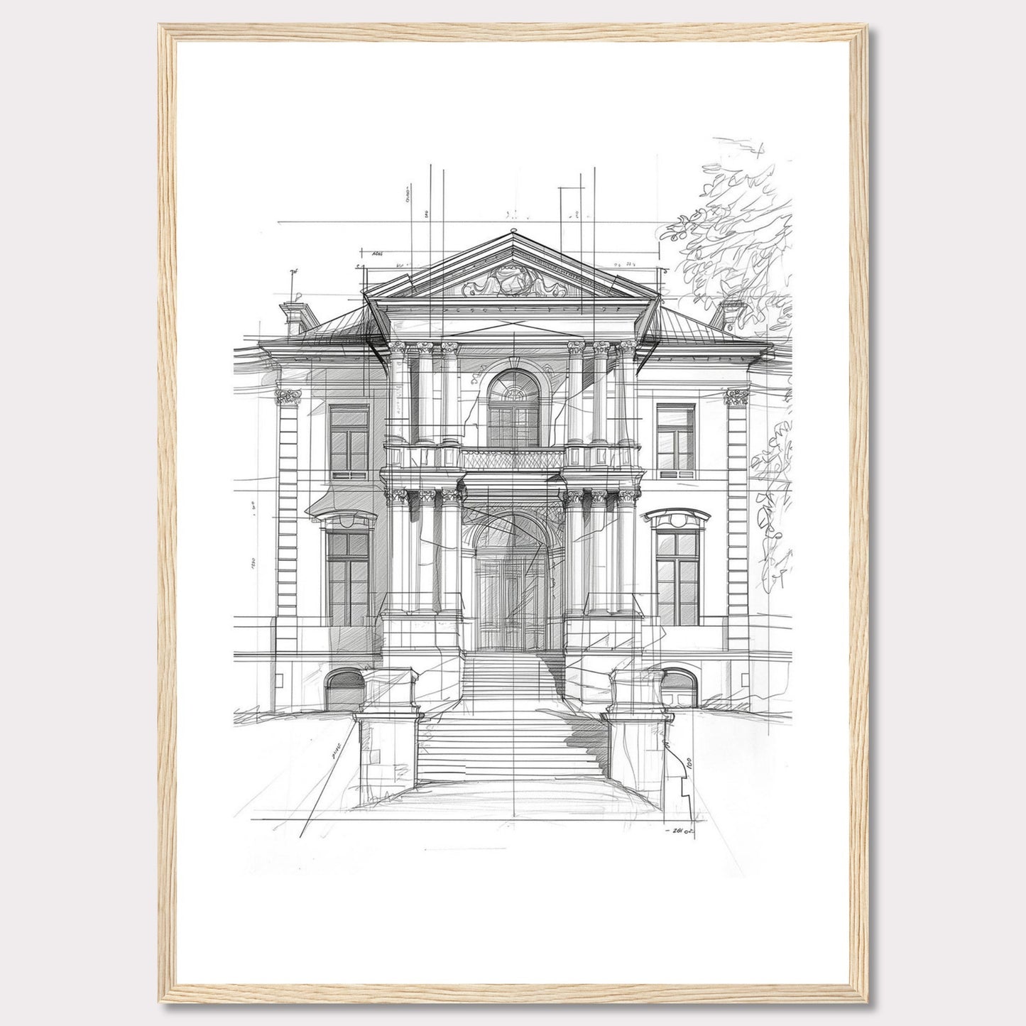 This image showcases an architectural sketch of a grand, classical building. The detailed drawing highlights the intricate design and majestic structure of the edifice.