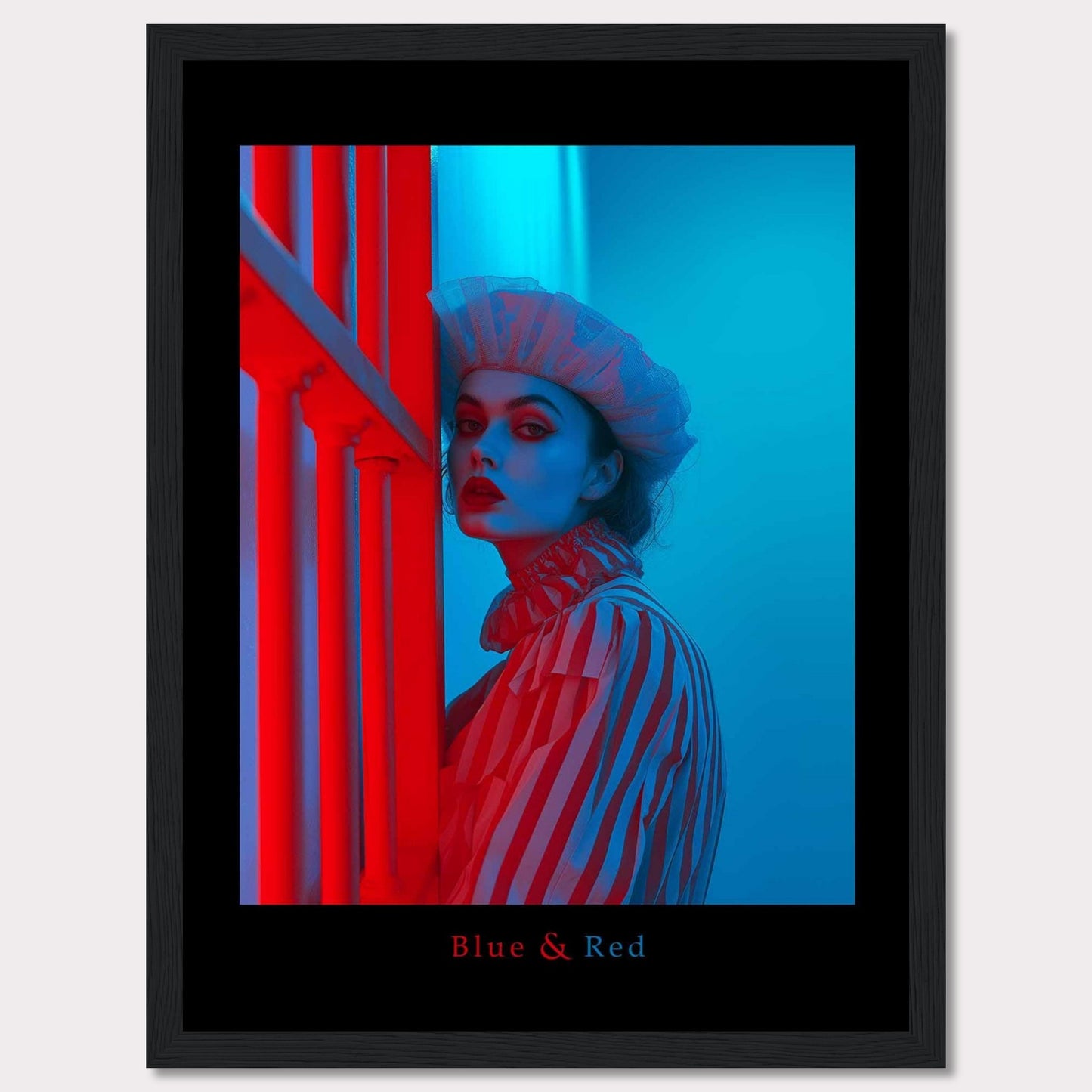 This striking poster features a dramatic portrait of a woman illuminated in contrasting blue and red lighting. The subject is dressed in a striped outfit and a sheer headpiece, creating a bold and artistic visual effect.