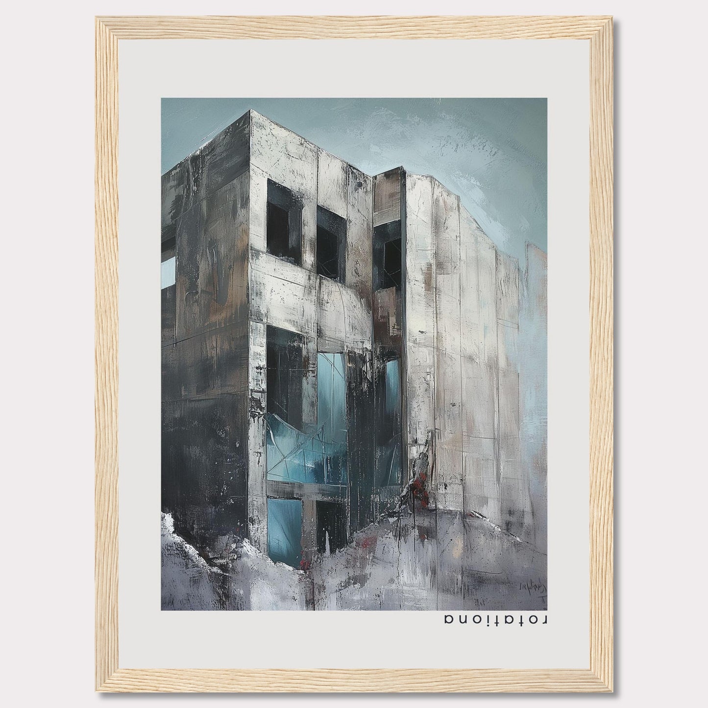 This striking artwork captures a modern, abstract building with a raw and industrial aesthetic. The painting features a weathered facade with large, dark windows, and a mix of cool and neutral tones that evoke a sense of mystery and intrigue.