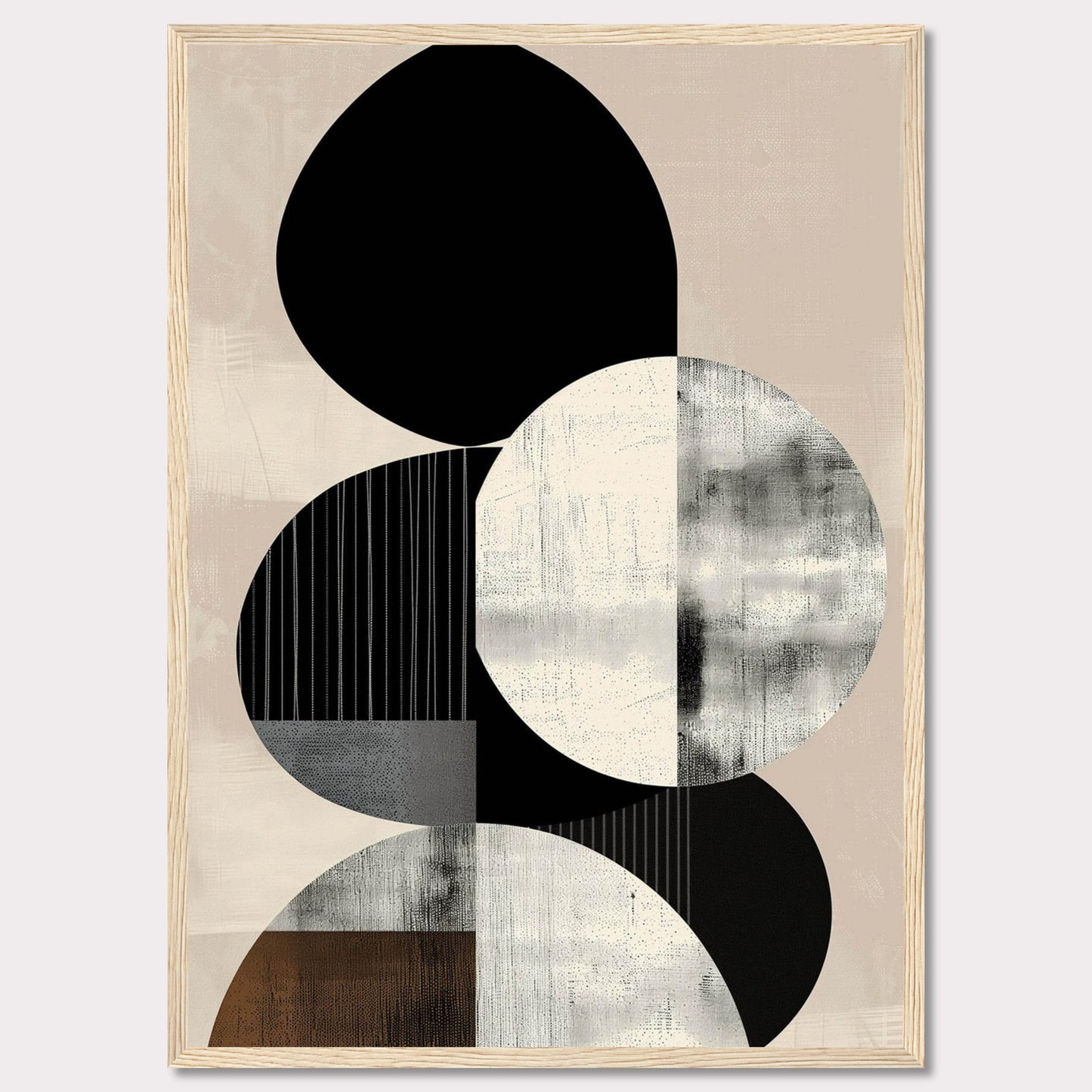 This image showcases a modern abstract art piece featuring geometric shapes in monochrome and neutral tones. The design includes overlapping circles and ovals with textured patterns.